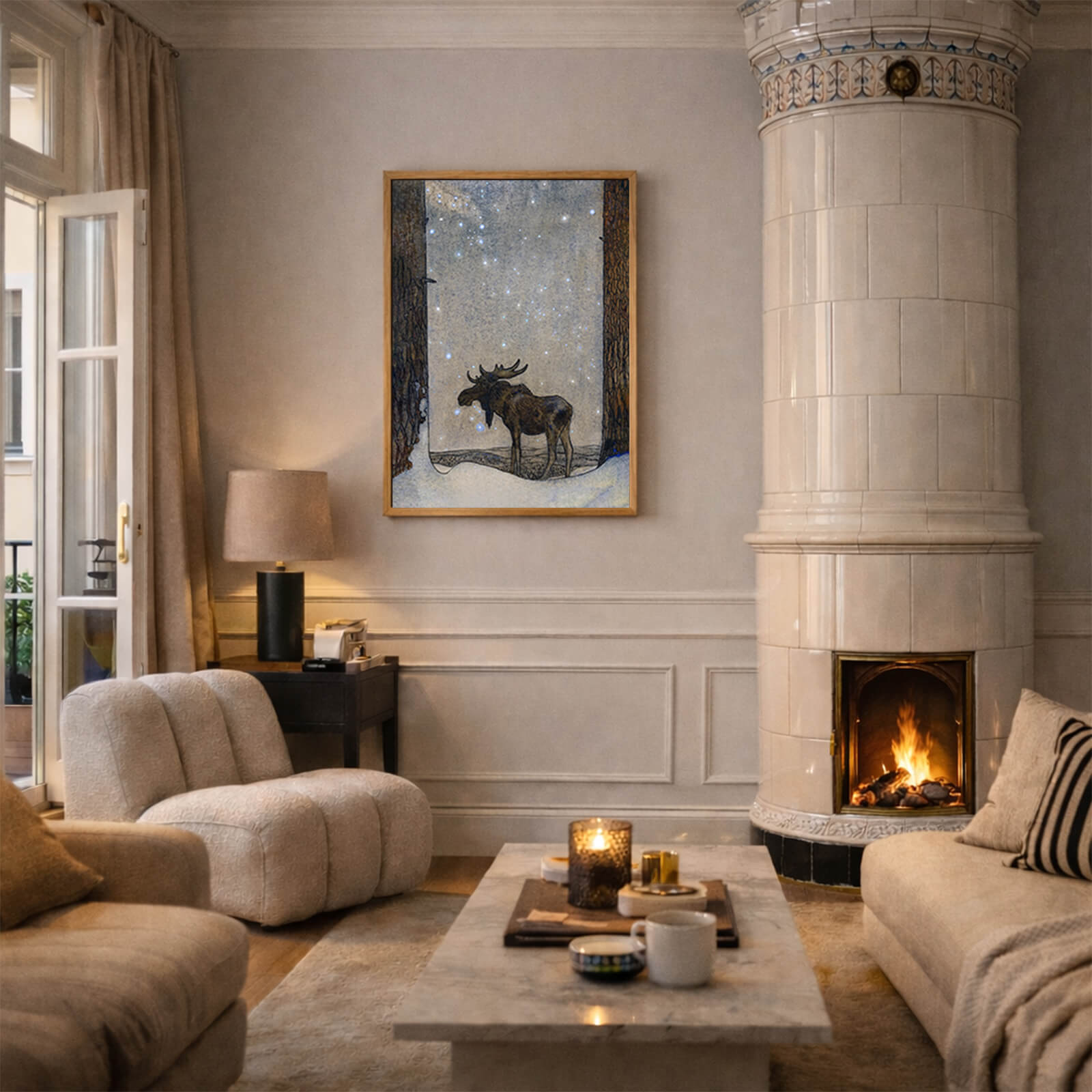 Älgskyttarna av John Bauer som väggkonst i inspirerande inredningsmiljö – miljöbild
