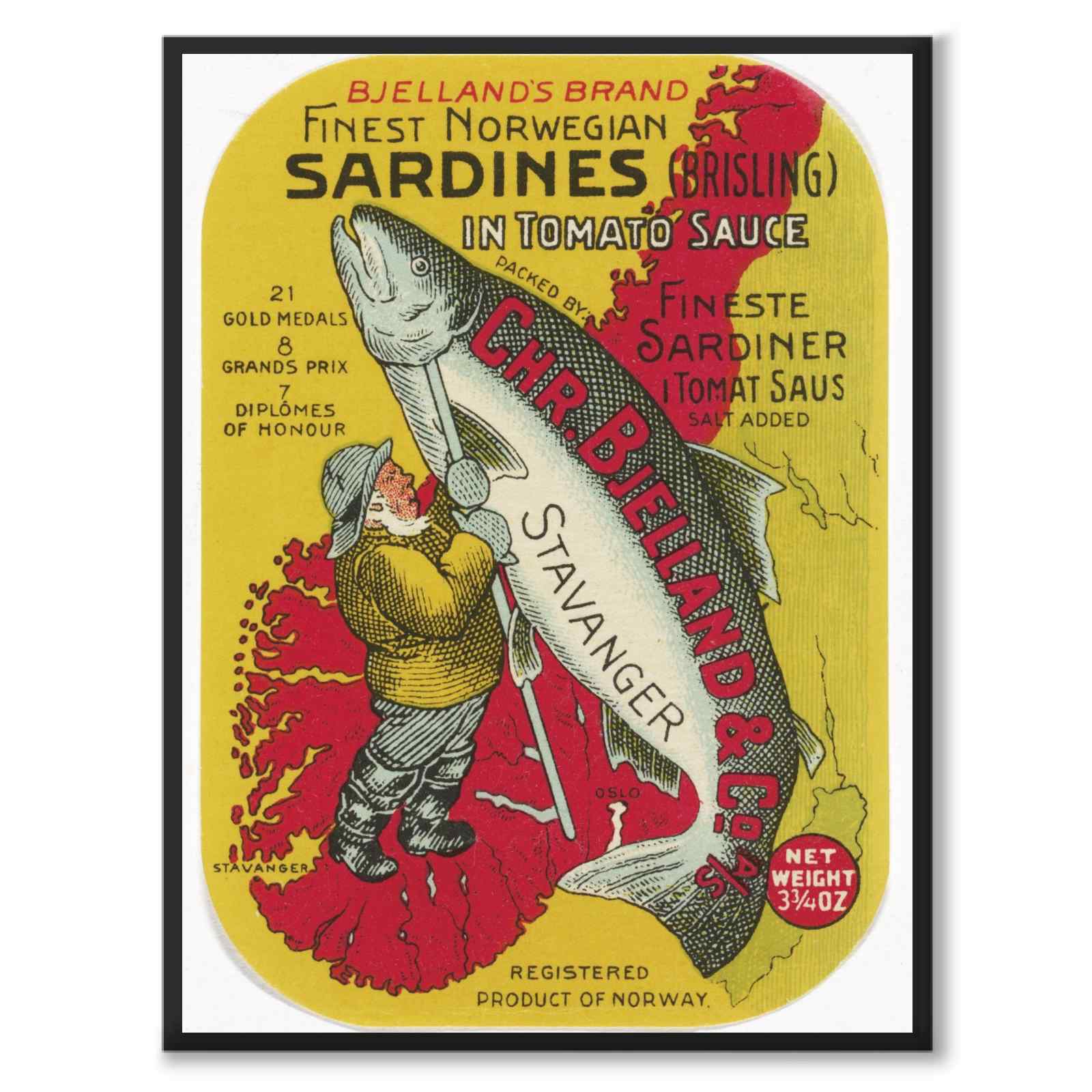 Finest Norwegian Sardines as a vintage illustration and poster from Historly – full image without a white border