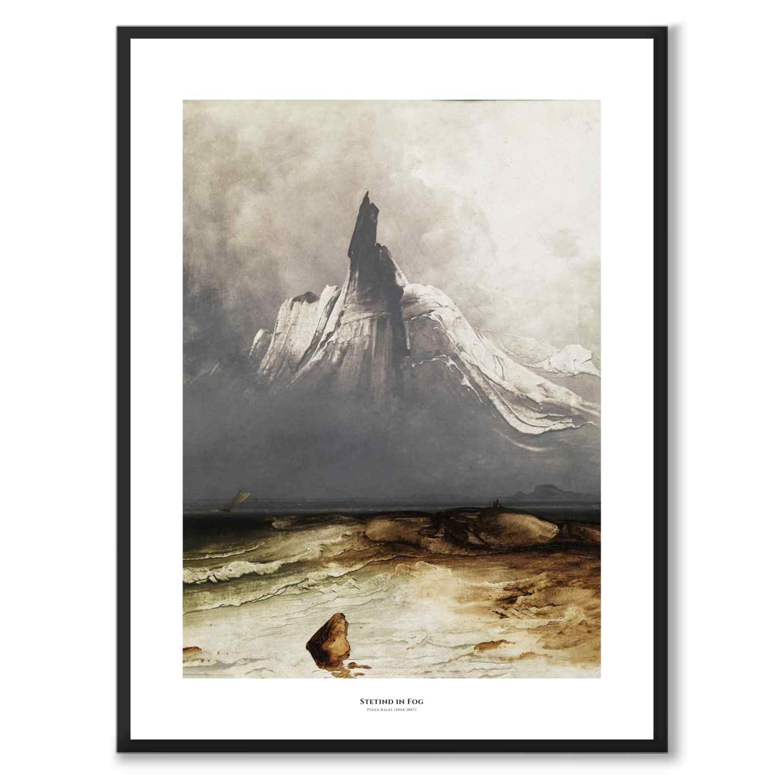 Stetind in Fog som konstposter från Historly – med vit kant och titel