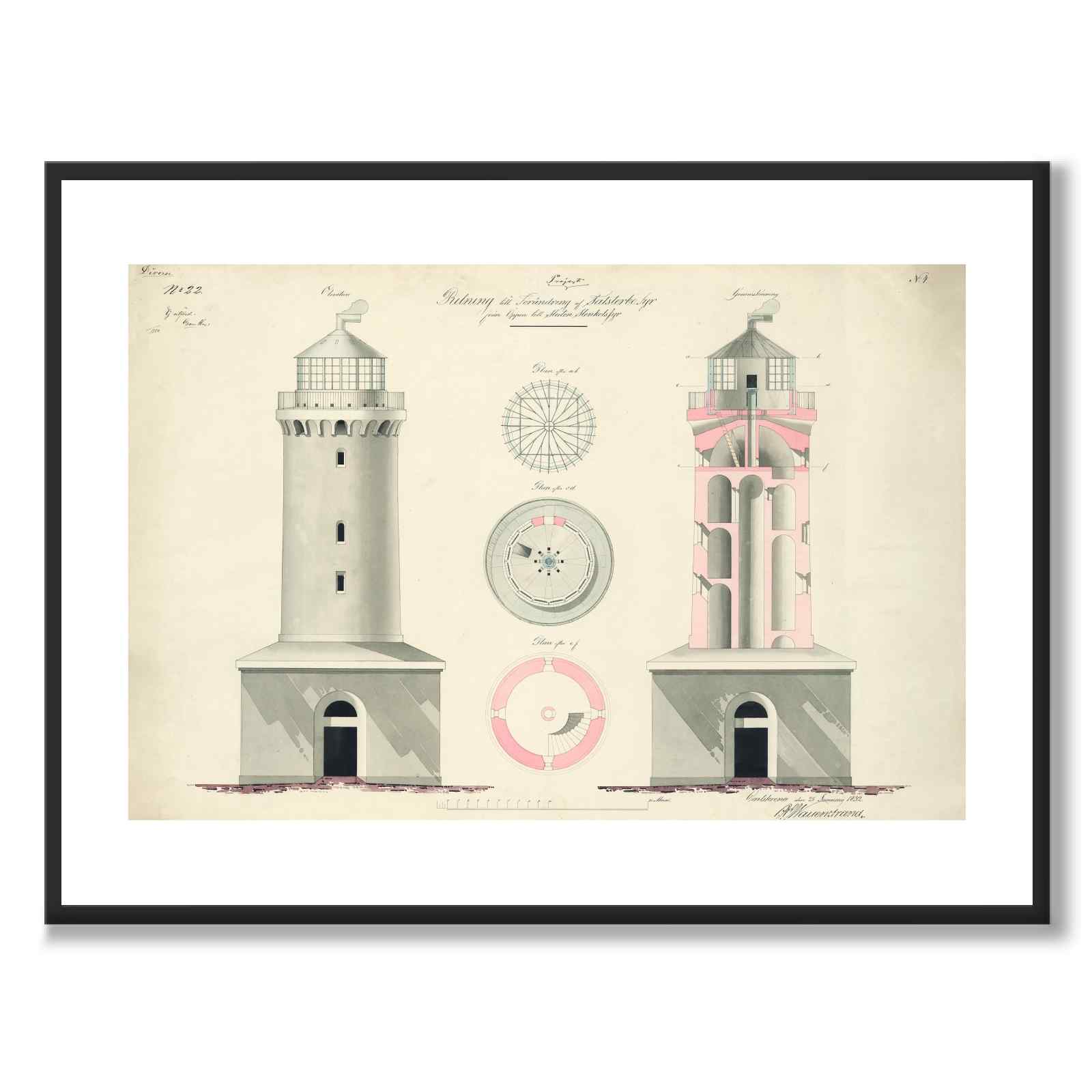 Falsterbo Fyr 1832 som vintageillustration och poster från Historly – med vit kant utan titel