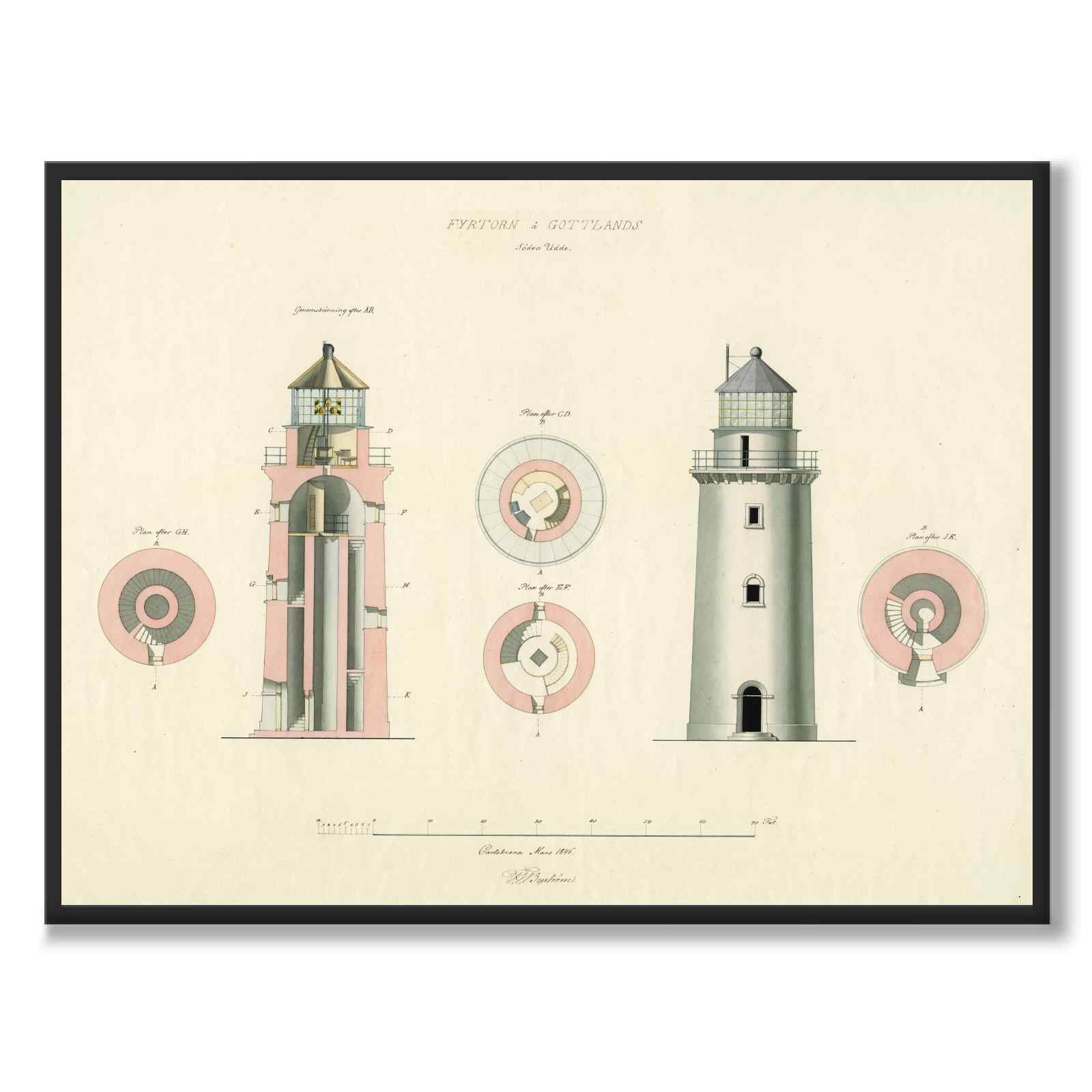Hoburg Fyr, Gotland, 1846 som vintageillustration och poster från Historly – helbild utan vit kant