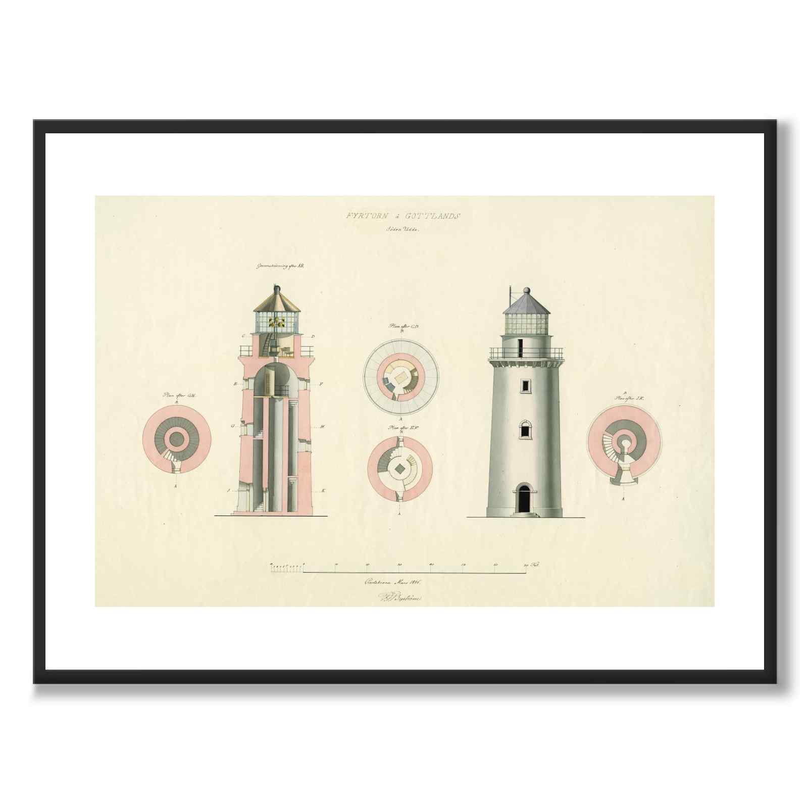 Hoburg Fyr, Gotland, 1846 som vintageillustration och poster från Historly – med vit kant utan titel