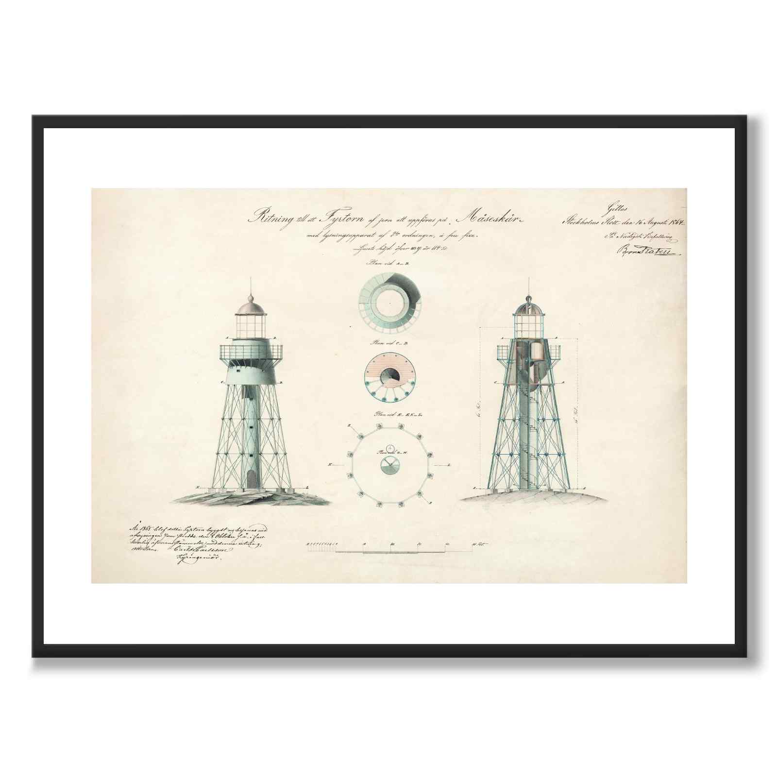 Måseskär Lighthouse, 1864 as a vintage illustration and poster from Historly – with white border and without title