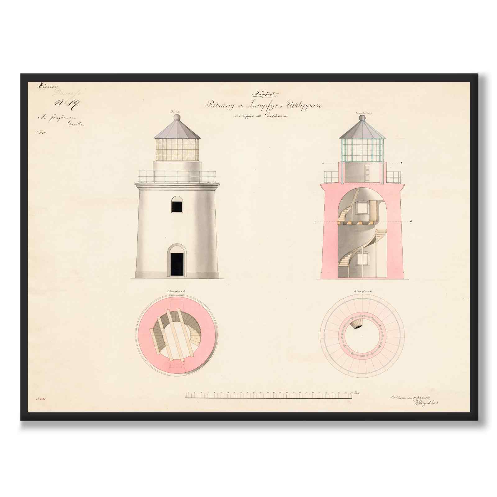 Utklippan Lighthouse, 1838 as a vintage illustration and poster from Historly – full image without white border