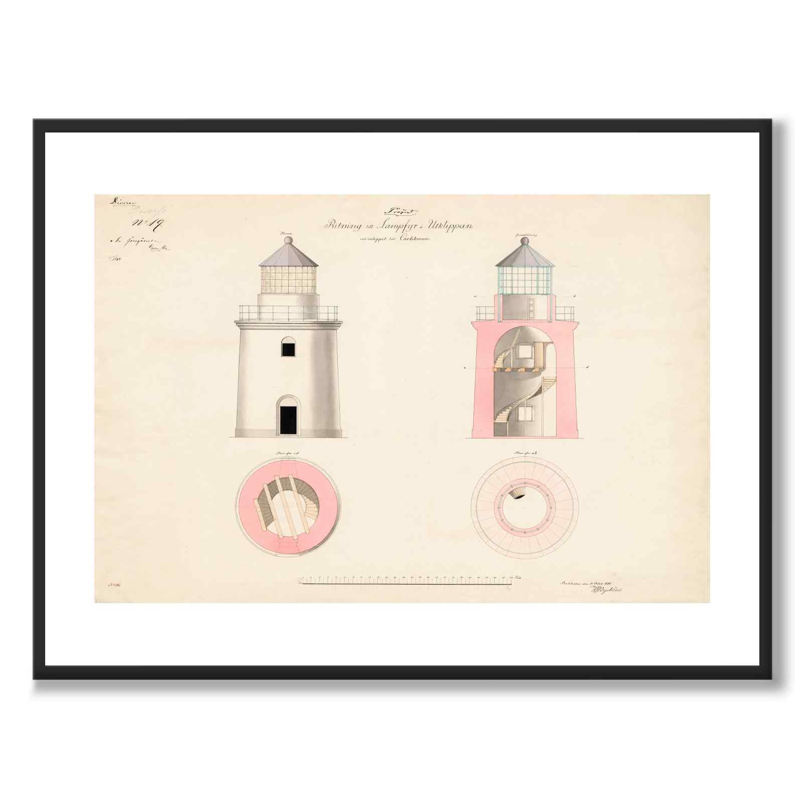 Utklippan Lighthouse, 1838 as a vintage illustration and poster from Historly – with white border without title
