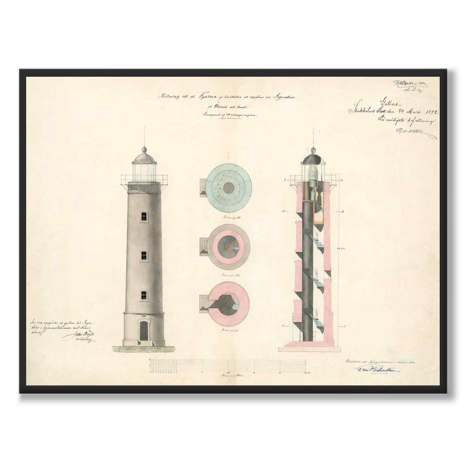 Segerstads Fyr, Öland 1882 som vintageillustration och poster från Historly – helbild utan vit kant