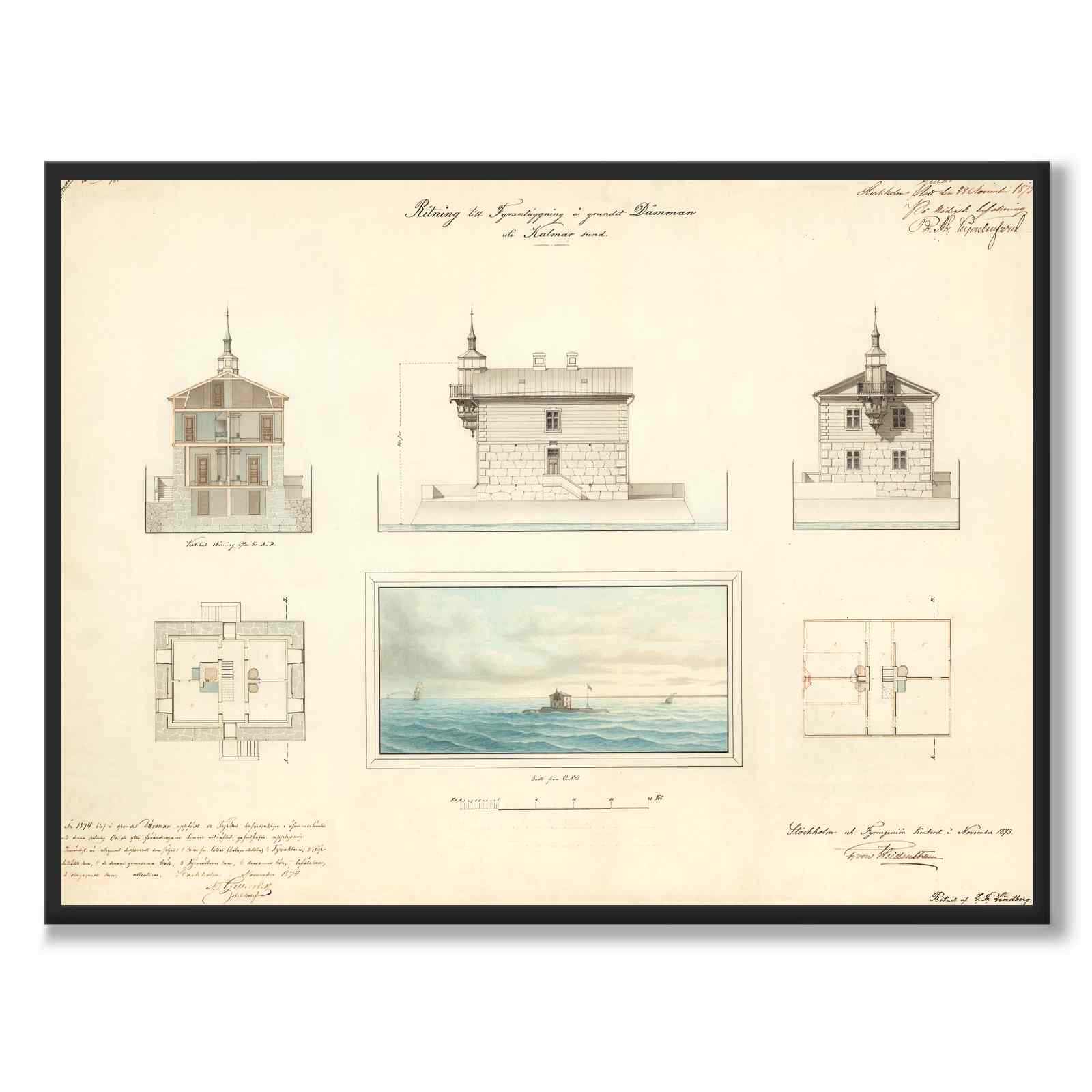 Dämmans Lighthouse, Kalmar, 1873 as a vintage illustration and poster from Historly – full image without white border
