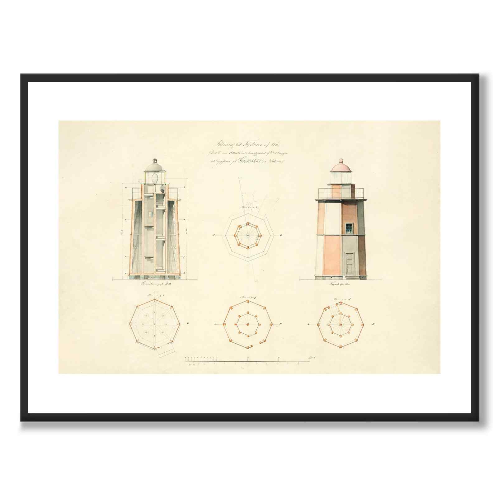 Grimskärs Fyr som vintageillustration och poster från Historly – med vit kant utan titel