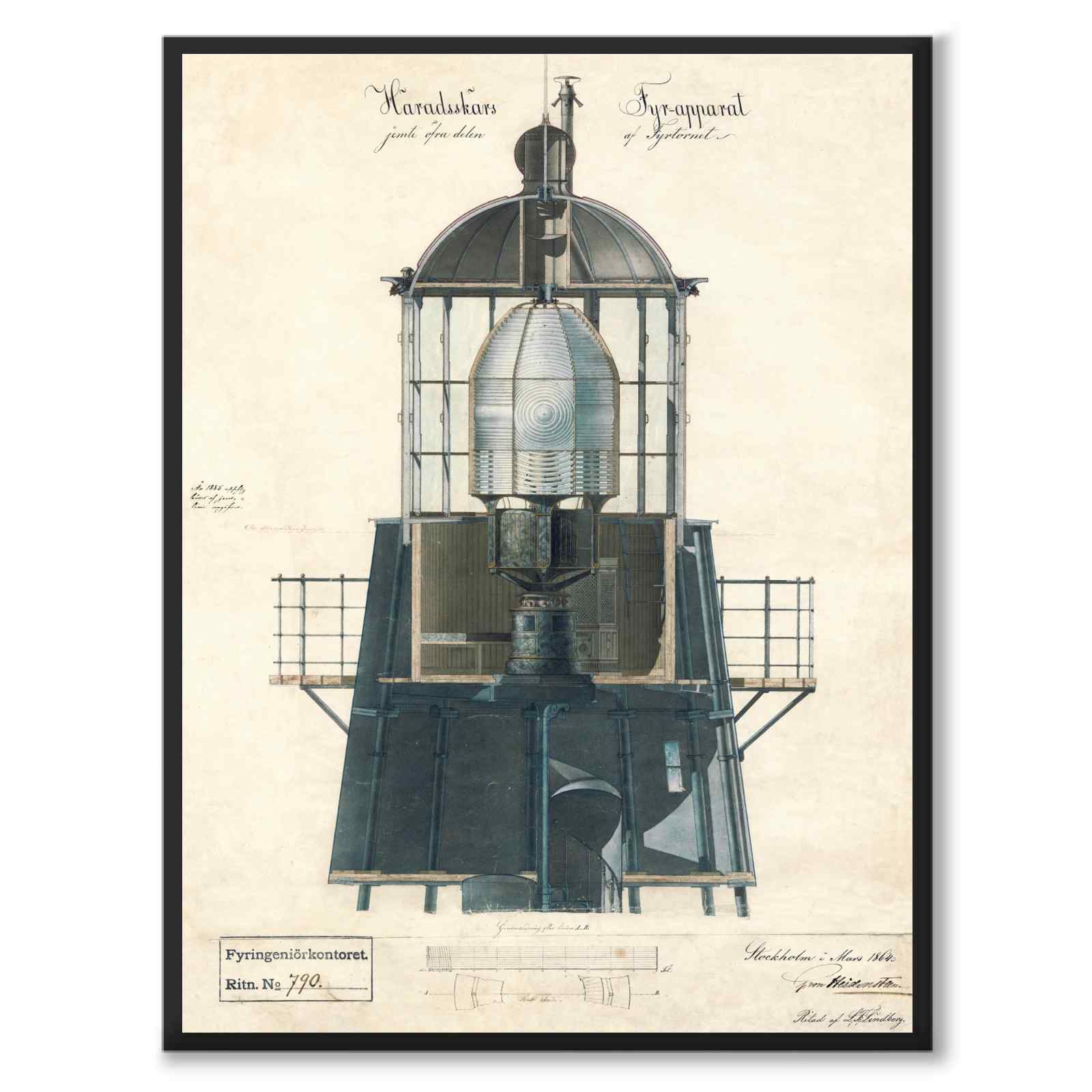 Häradsskärs Fyrapparat, 1864 som vintageillustration och poster från Historly – helbild utan vit kant