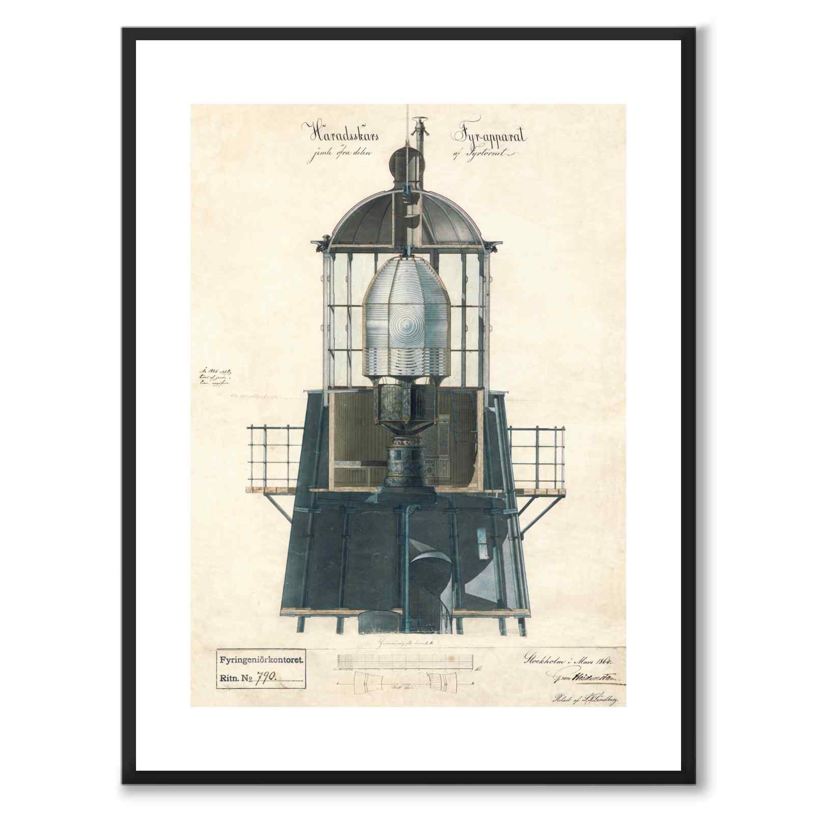 Häradsskärs Fyrapparat, 1864 som vintageillustration och poster från Historly – med vit kant utan titel