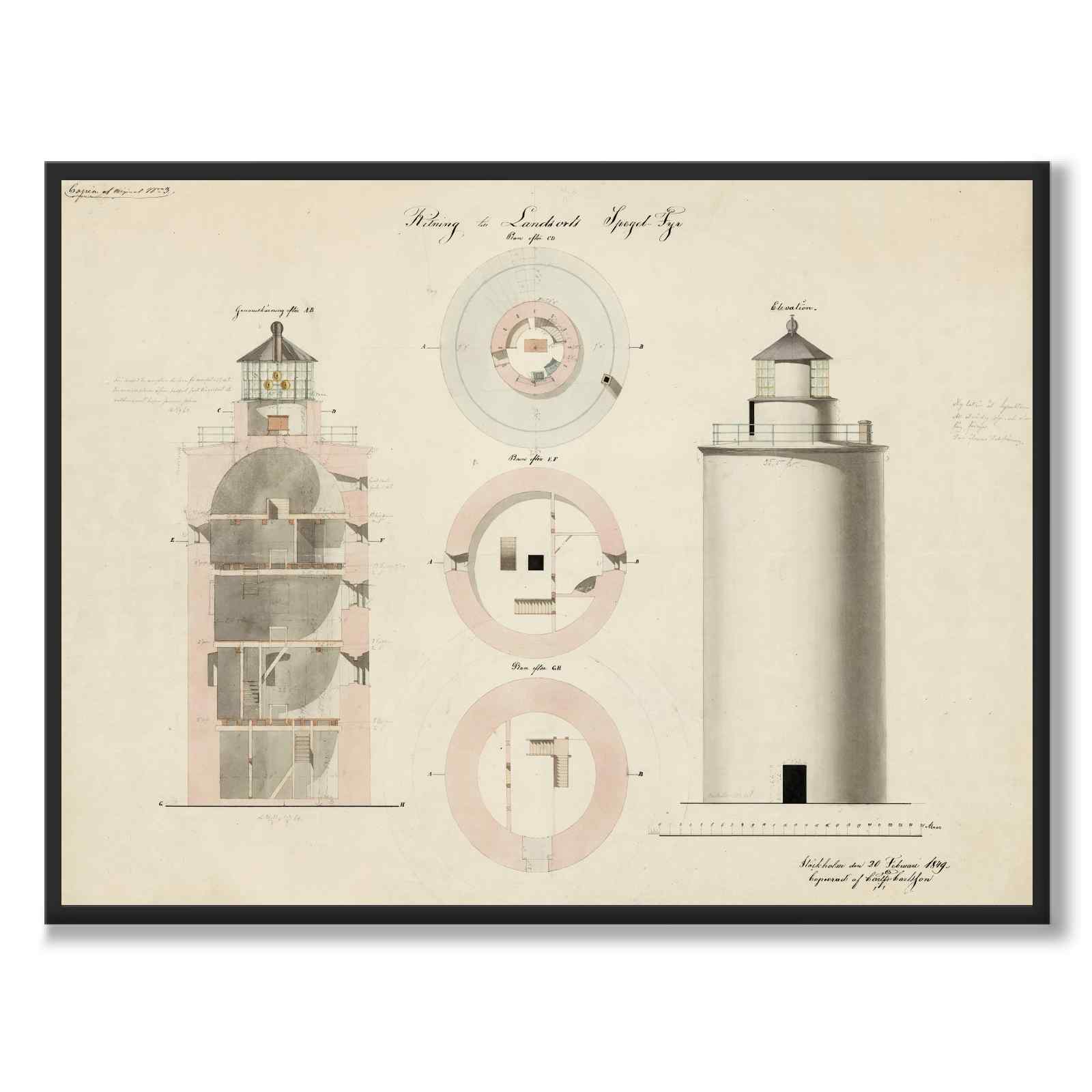 Landsorts Fyr som vintageillustration och poster från Historly – helbild utan vit kant