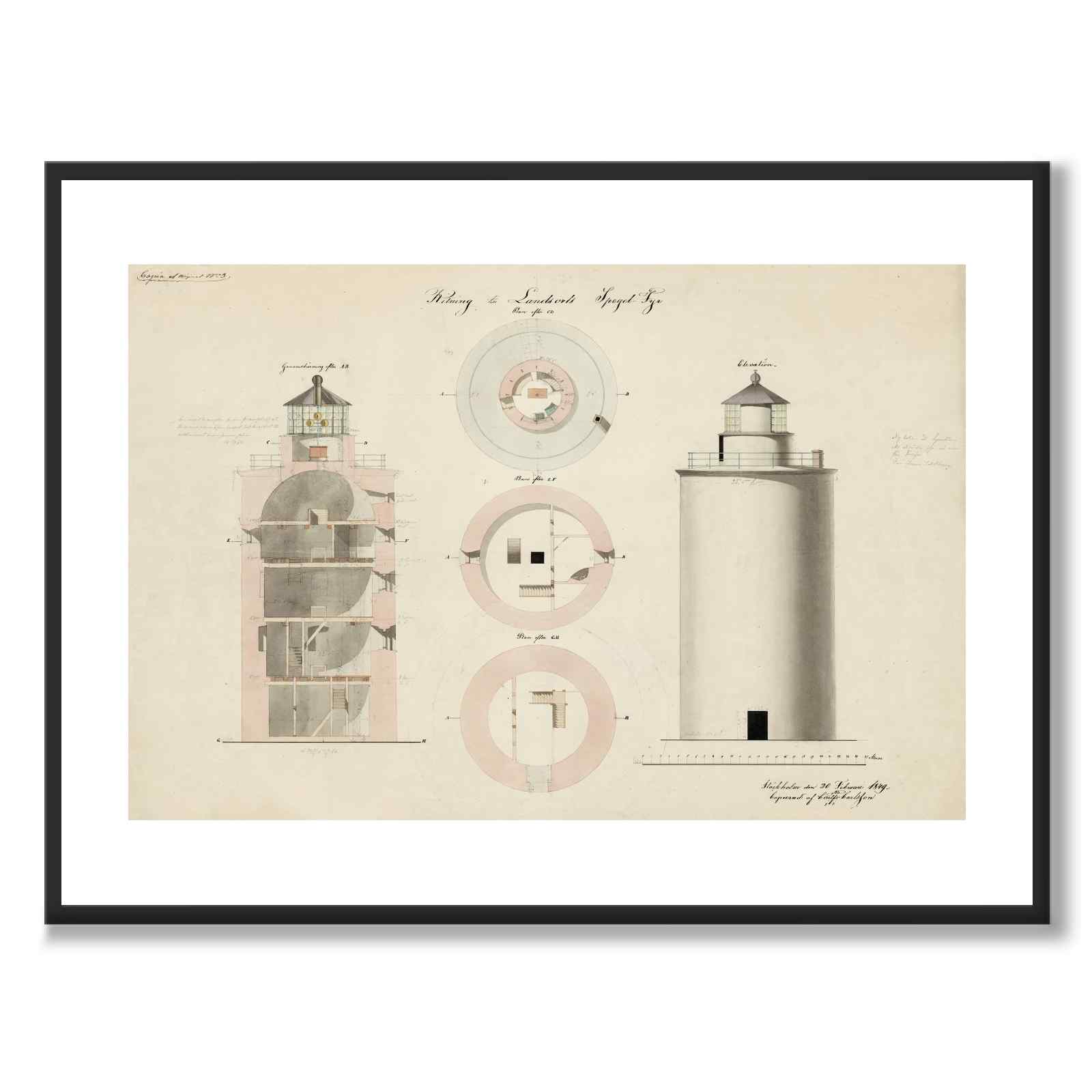 Landsorts Fyr som vintageillustration och poster från Historly – med vit kant utan titel