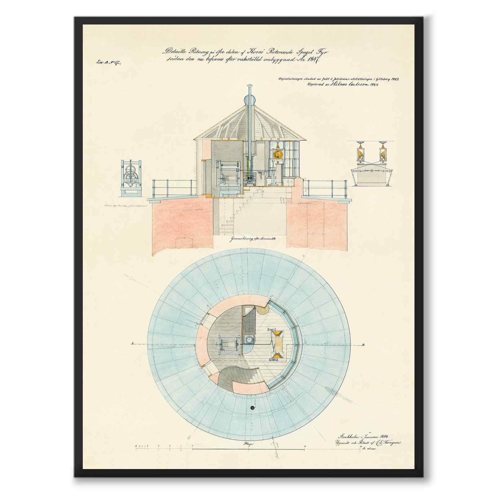 Korsö Lighthouse, Sandhamn, 1847 as a vintage illustration and poster from Historly – full image without white border