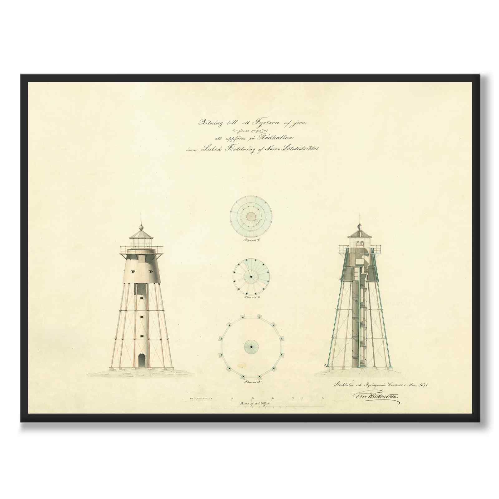 Rödkallen Lighthouse, Luleå, 1871 as a vintage illustration and poster from Historly – full image without white border