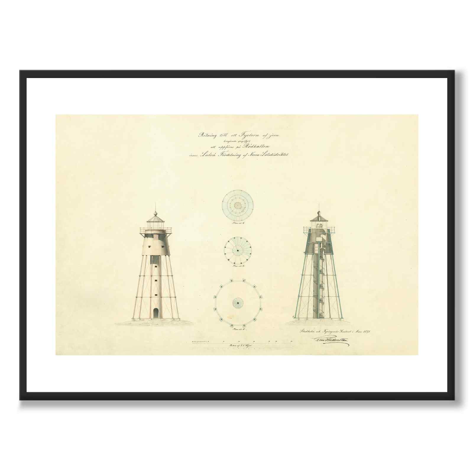 Rödkallen Lighthouse, Luleå, 1871 as a vintage illustration and poster from Historly – with white border without title