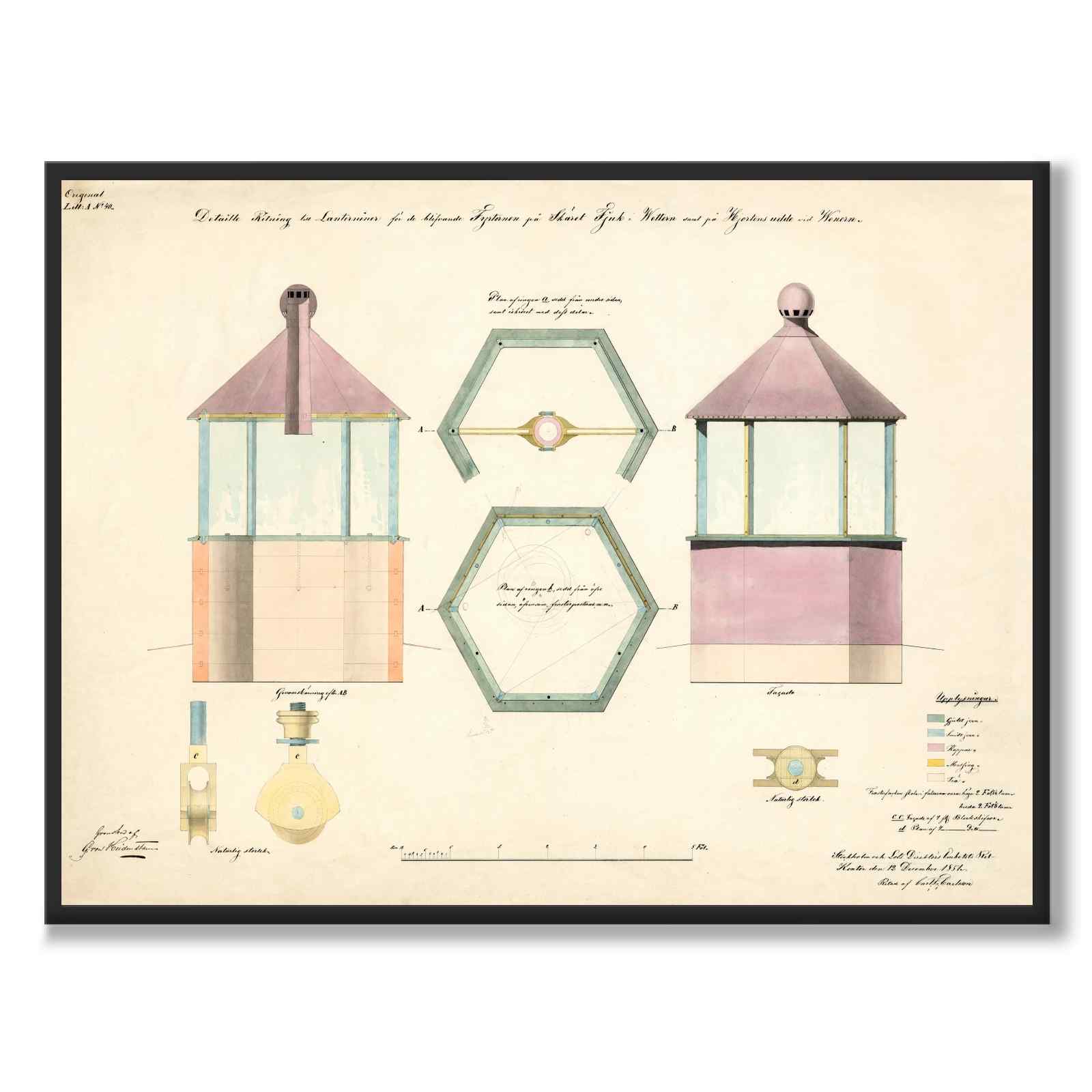 Lighthouse Vättern & Vänern 1851 as a vintage illustration and poster from Historly – full image without white border