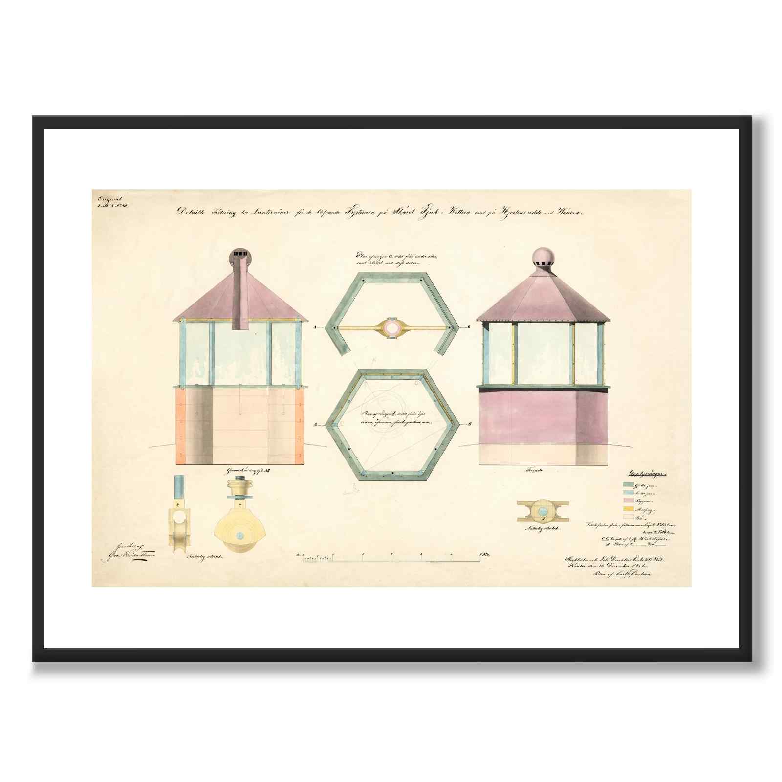 Lighthouse Vättern & Vänern 1851 as a vintage illustration and poster from Historly – with white border without title