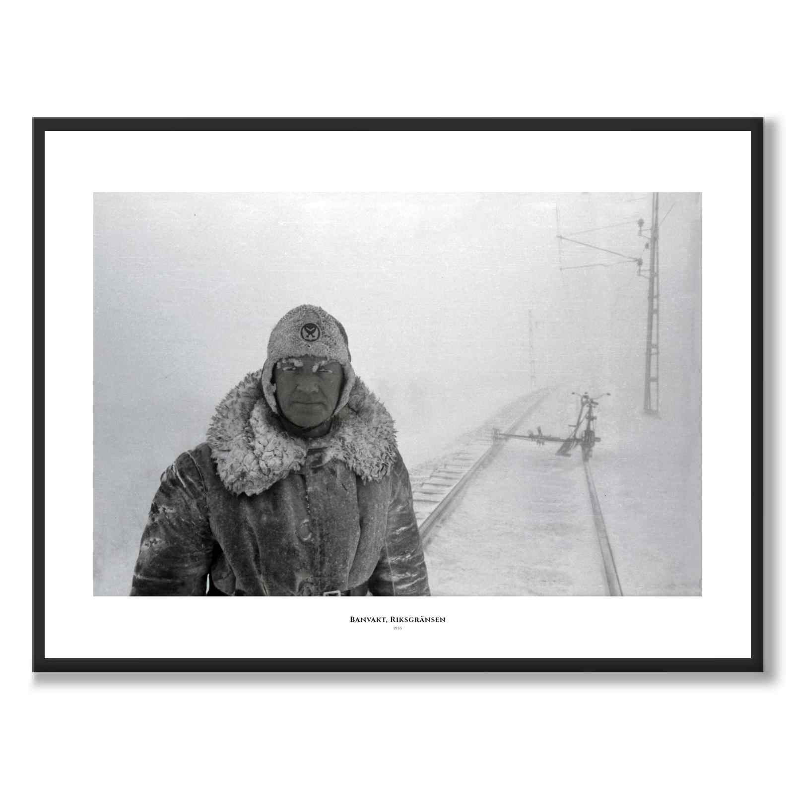 Track Watchman, Riksgränsen 1955 as a historic photograph and poster from Historly – with white border and title
