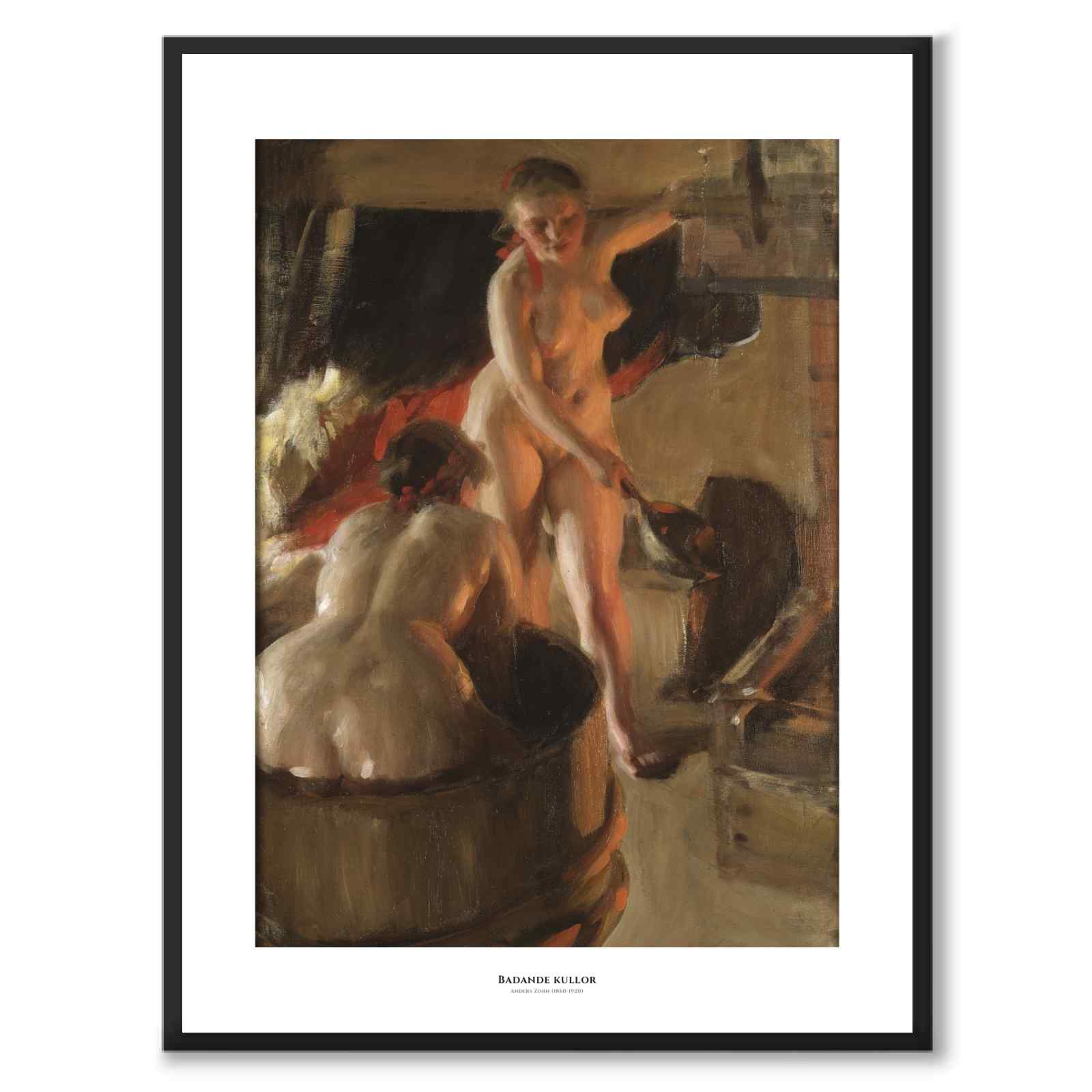 Badande Kullor av Anders Zorn som poster från Historly – med vit kant och titel