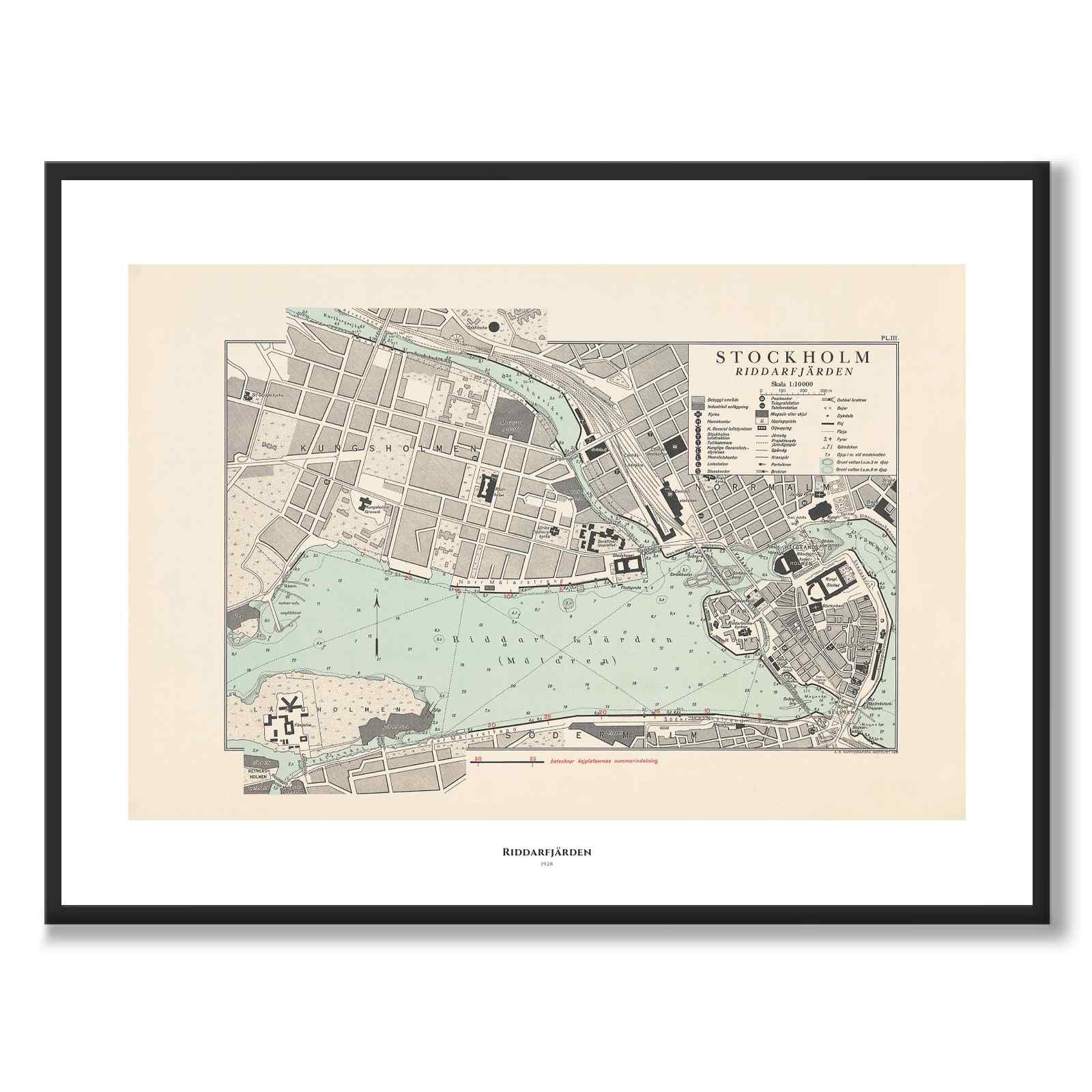 Riddarfjärden 1928 as a historic map and poster from Historly – with white border and title