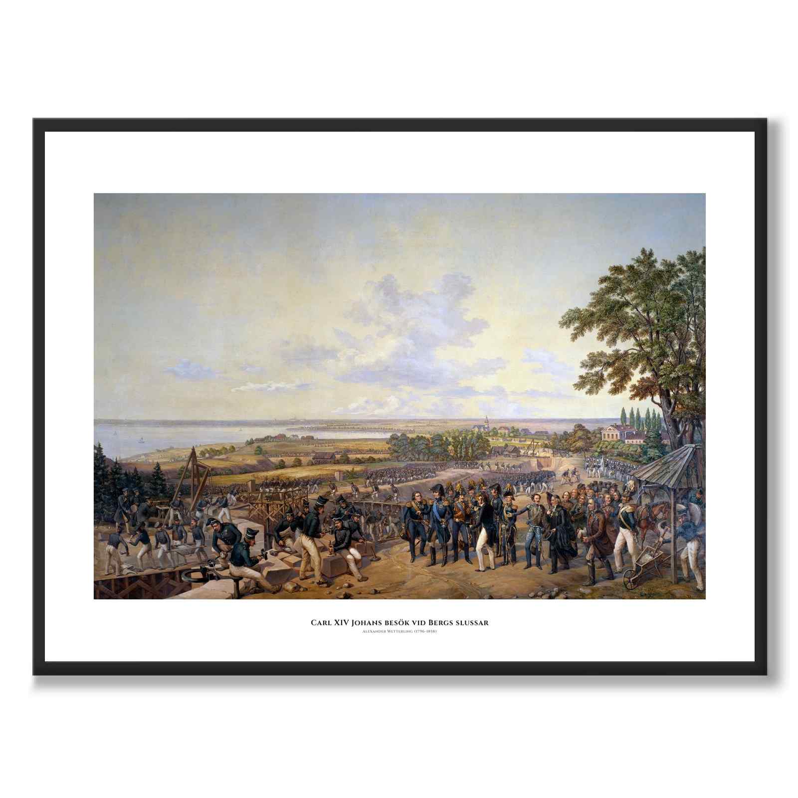 Carl XIV Johans besök vid Bergs slussar som historisk Stockholmsposter från Historly – med vit kant och titel