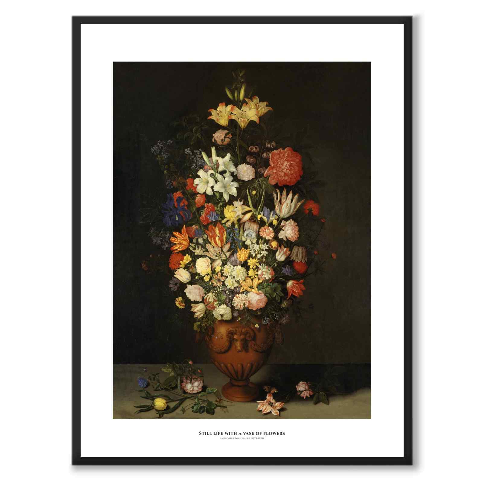 Still Life with a Vase of Flowers som konstposter från Historly – med vit kant och titel