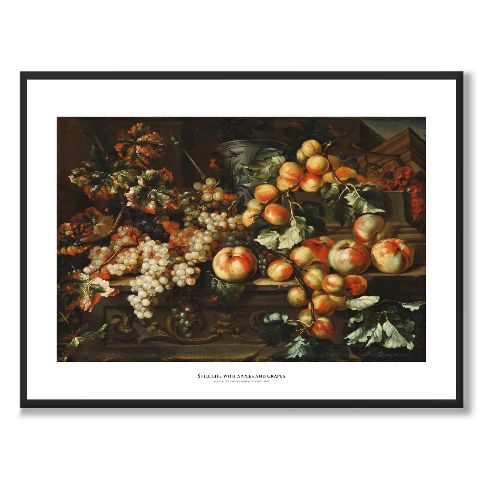 Still Life with Apples and Grapes som konstposter från Historly – med vit kant och titel