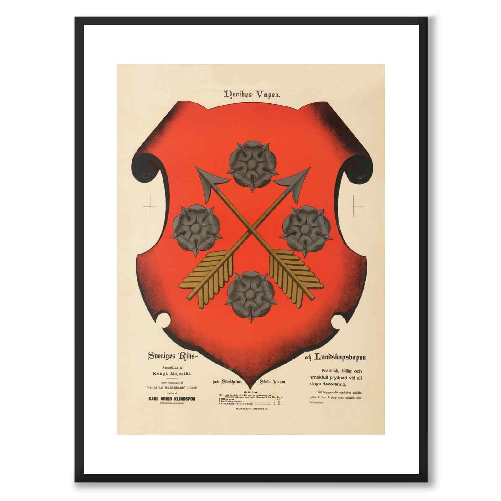 Närkes Landskapsvapen som vintageillustration och poster från Historly – med vit kant utan titel