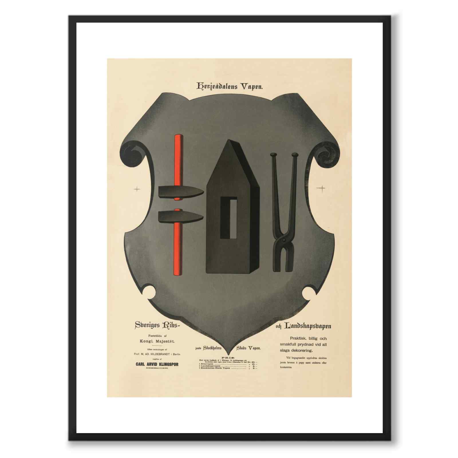 Härjedalens Landskapsvapen som vintageillustration och poster från Historly – med vit kant utan titel