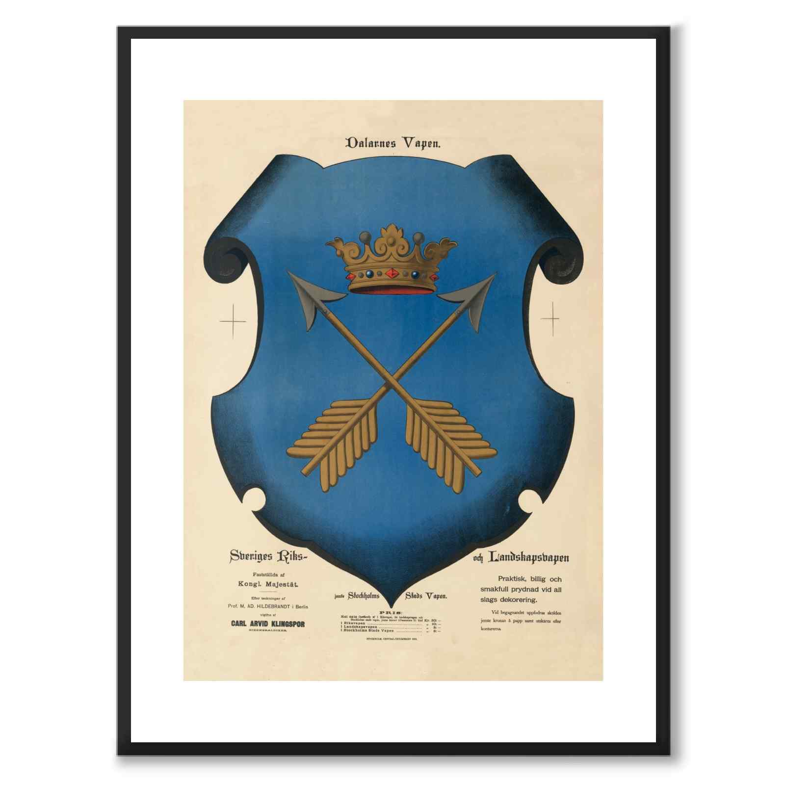 Dalarnas Landskapsvapen som vintageillustration och poster från Historly – med vit kant utan titel
