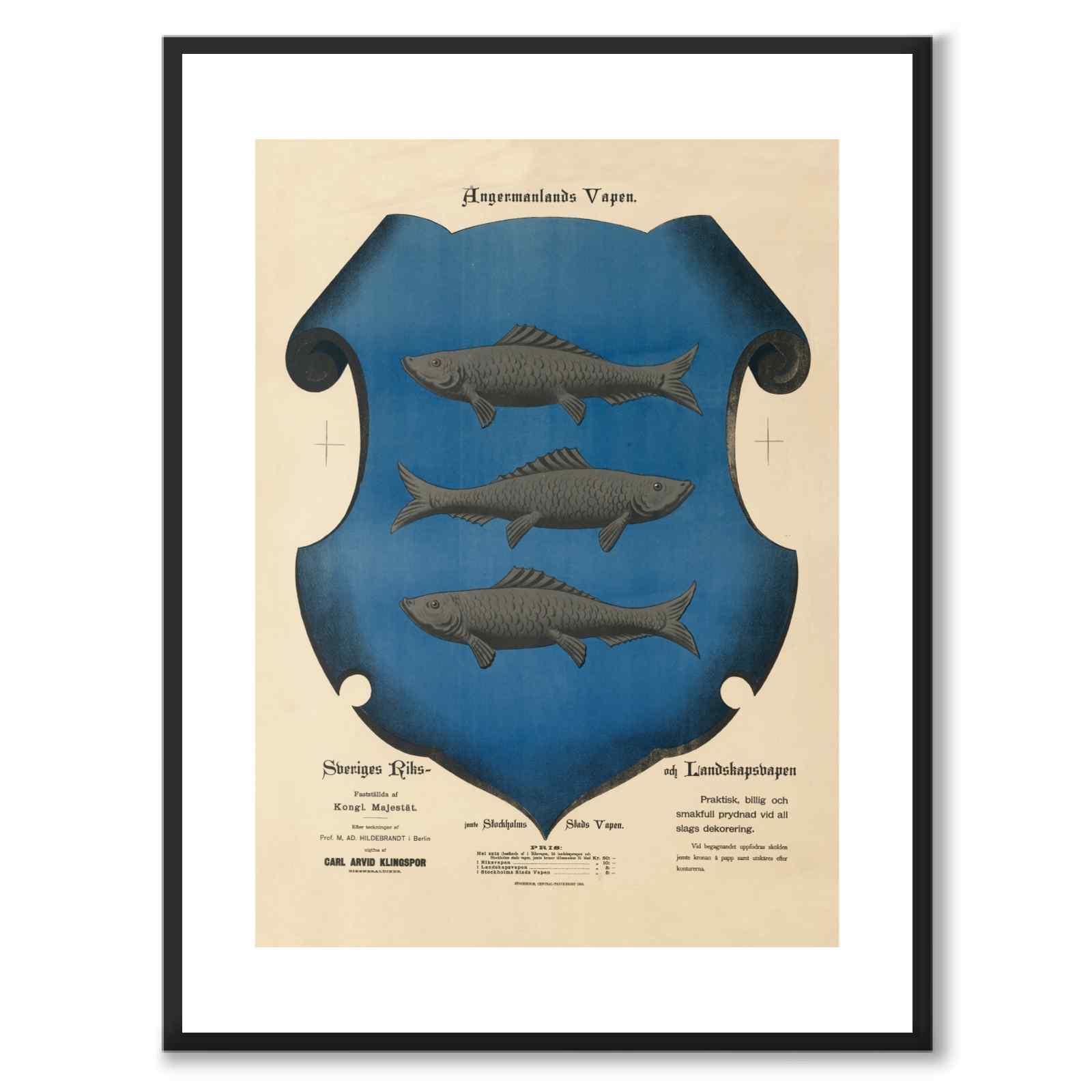 The coat of arms of Ångermanland as a vintage illustration and poster from Historly – with white border without title