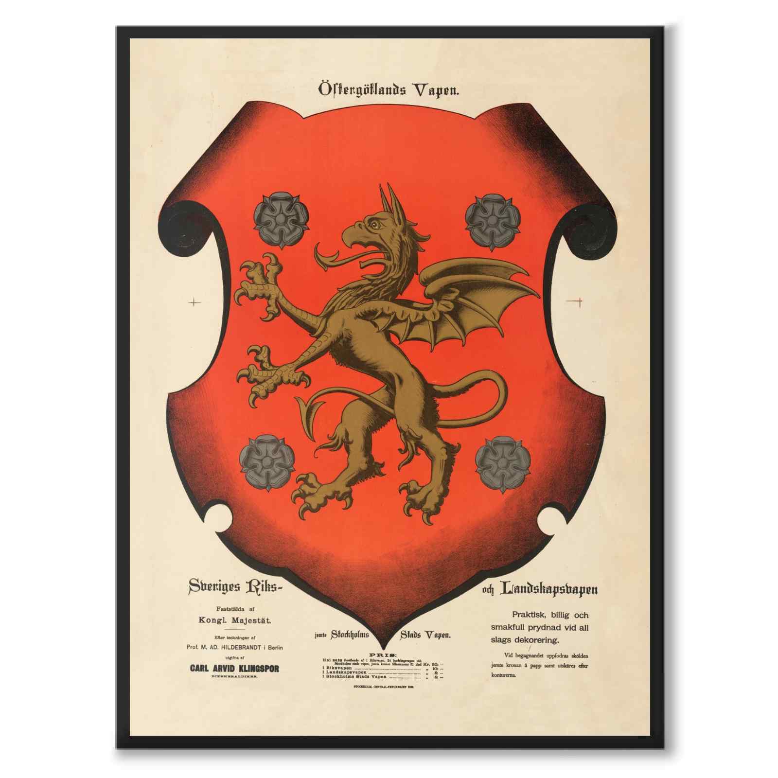 Östergötland’s provincial coat of arms as a vintage illustration and poster from Historly – full image without white border