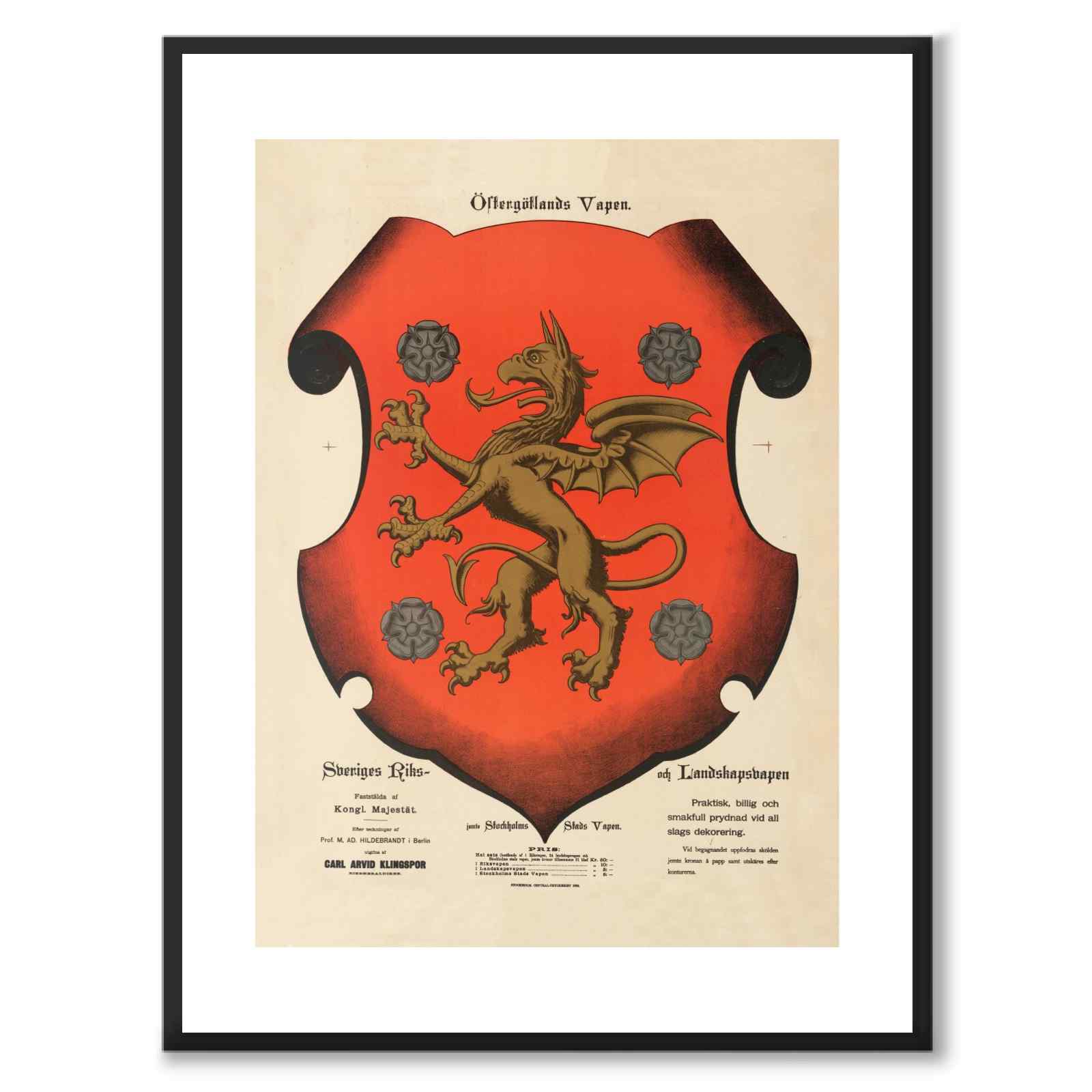 Östergötland’s provincial coat of arms as a vintage illustration and poster from Historly – with white border and without title