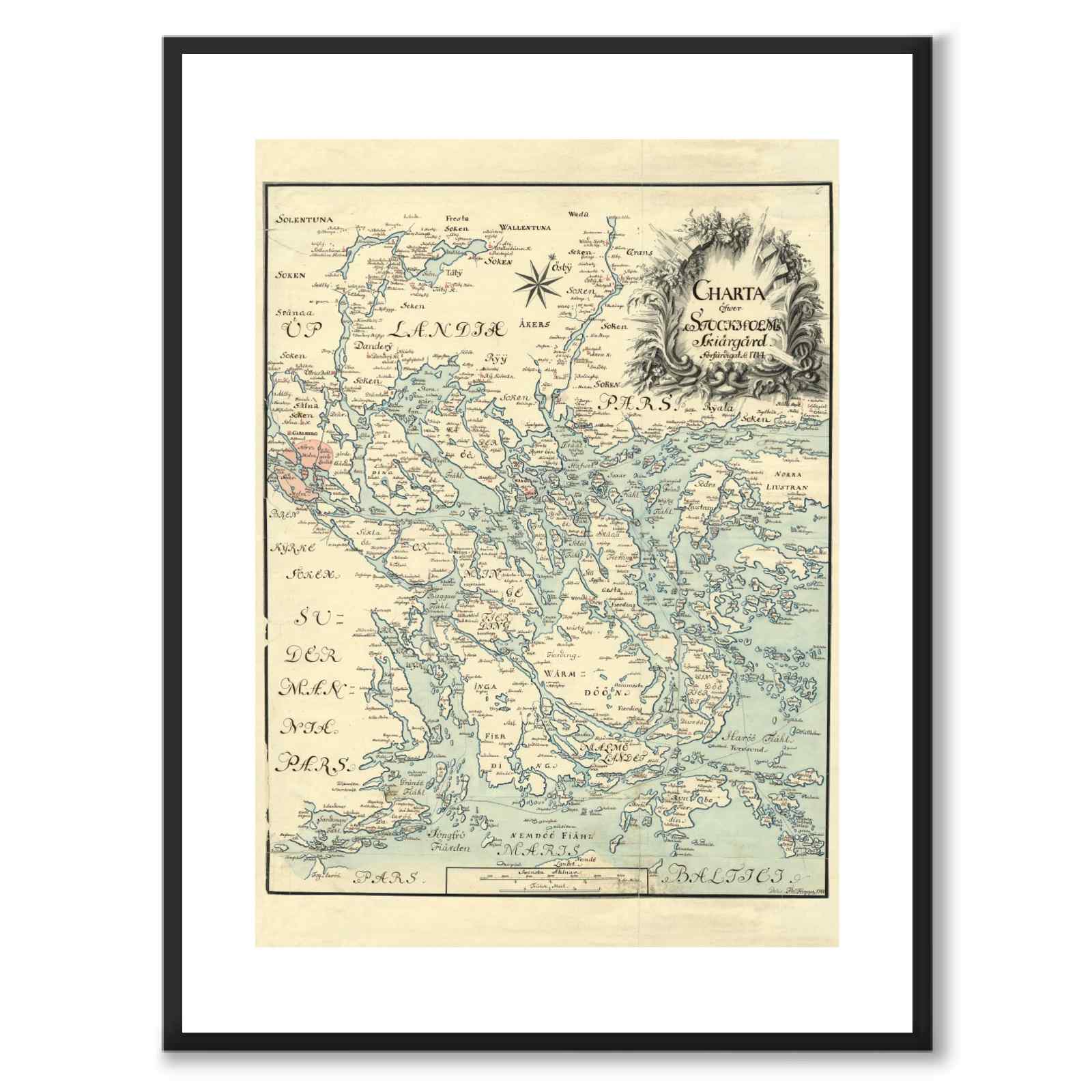 Charta öfwer Stockholms Skärgård som vintageillustration och poster från Historly – med vit kant utan titel