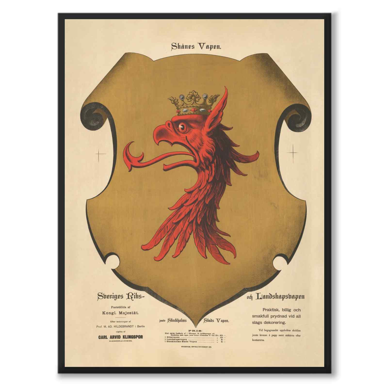 The Coat of Arms of Skåne as a vintage illustration and poster from Historly – full image without white border