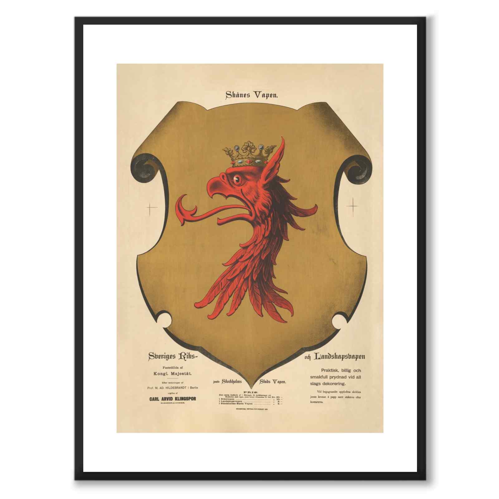 The Coat of Arms of Skåne as a vintage illustration and poster from Historly – with white border without title