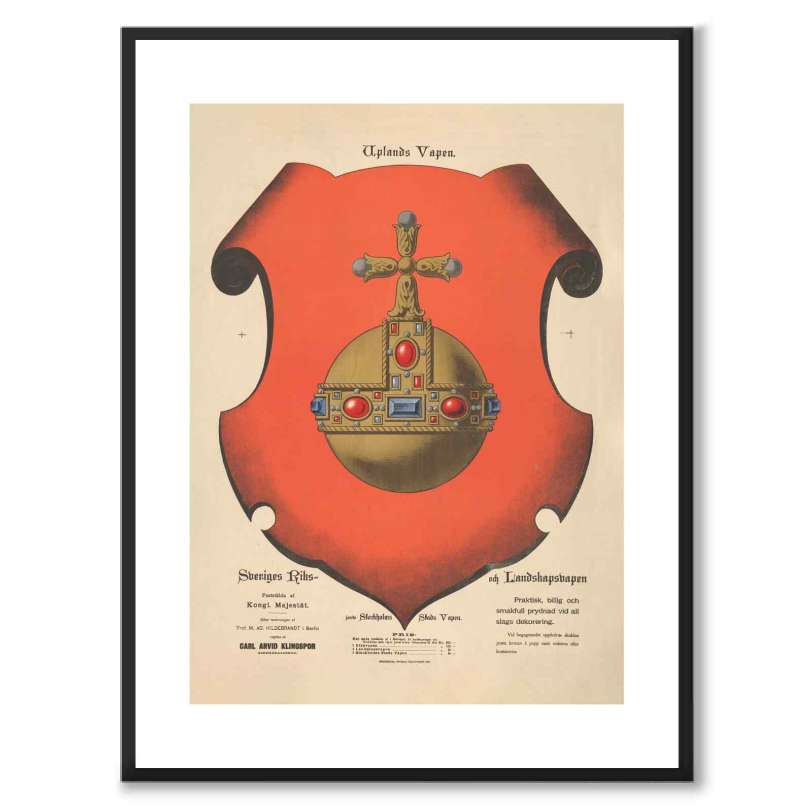 Upplands Landskapsvapen som vintageillustration och poster från Historly – med vit kant utan titel