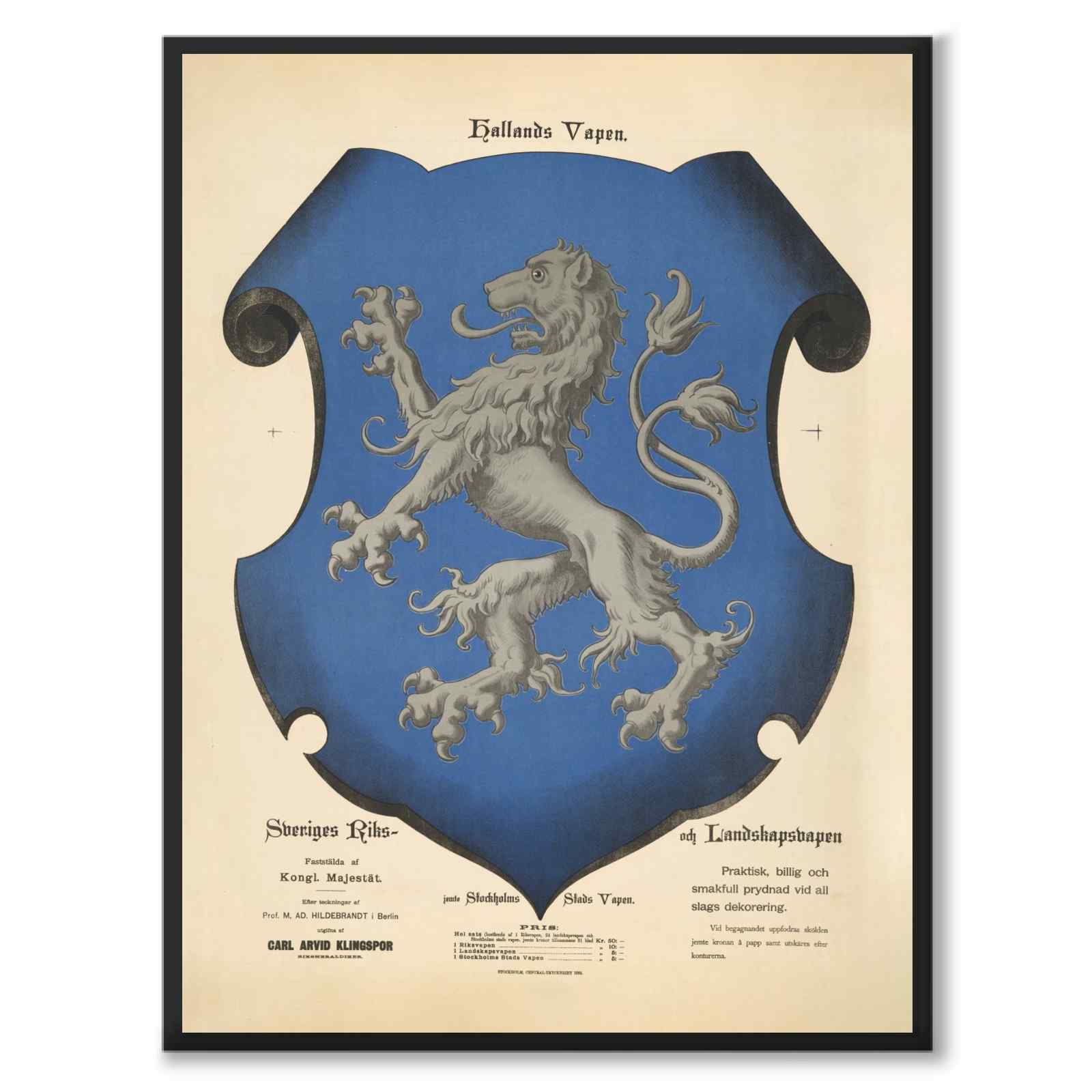 Hallands Landskapsvapen som vintageillustration och poster från Historly – helbild utan vit kant