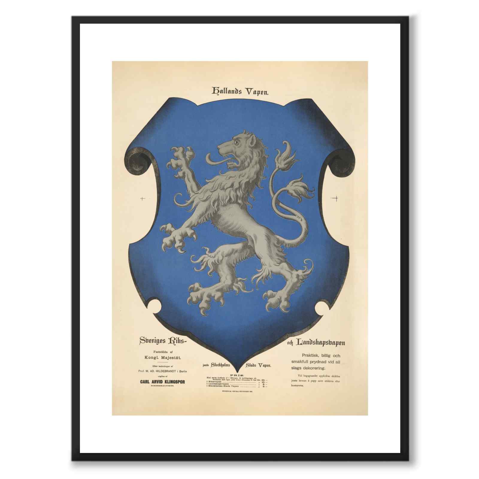 Hallands Landskapsvapen som vintageillustration och poster från Historly – med vit kant utan titel
