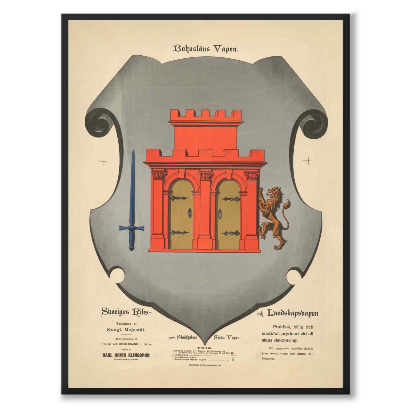 Bohusläns Landskapsvapen som vintageillustration och poster från Historly – helbild utan vit kant