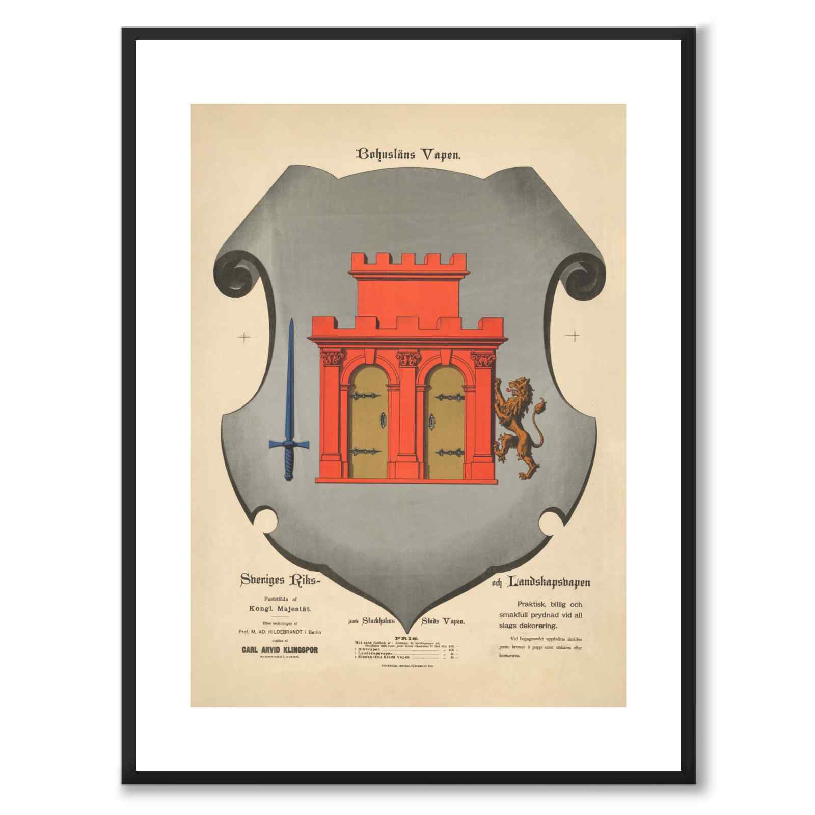 Bohusläns Landskapsvapen som vintageillustration och poster från Historly – med vit kant utan titel