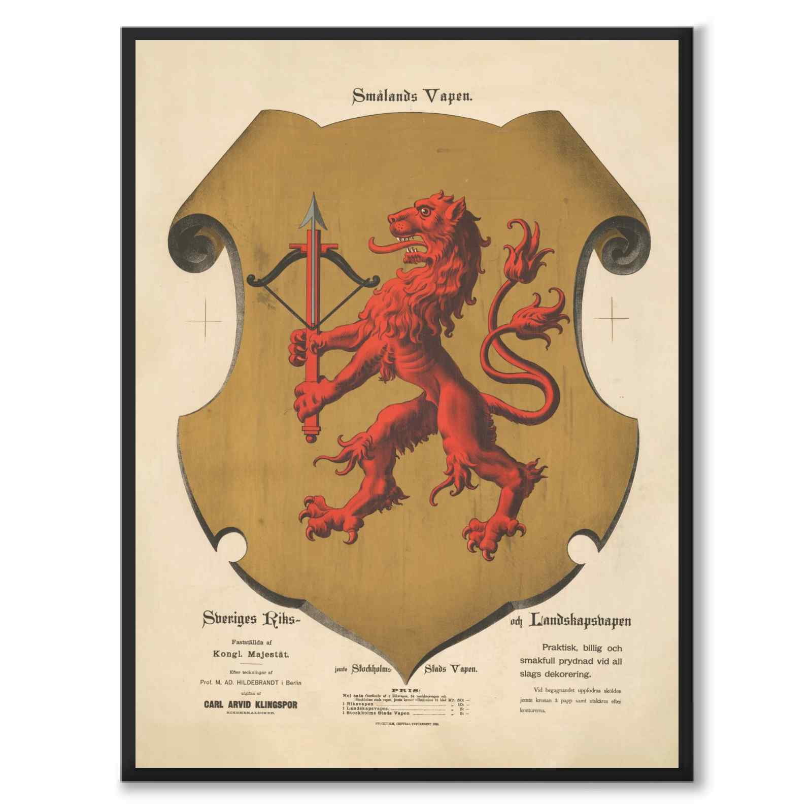 The coat of arms of Småland as a vintage illustration and poster from Historly – full image without white border