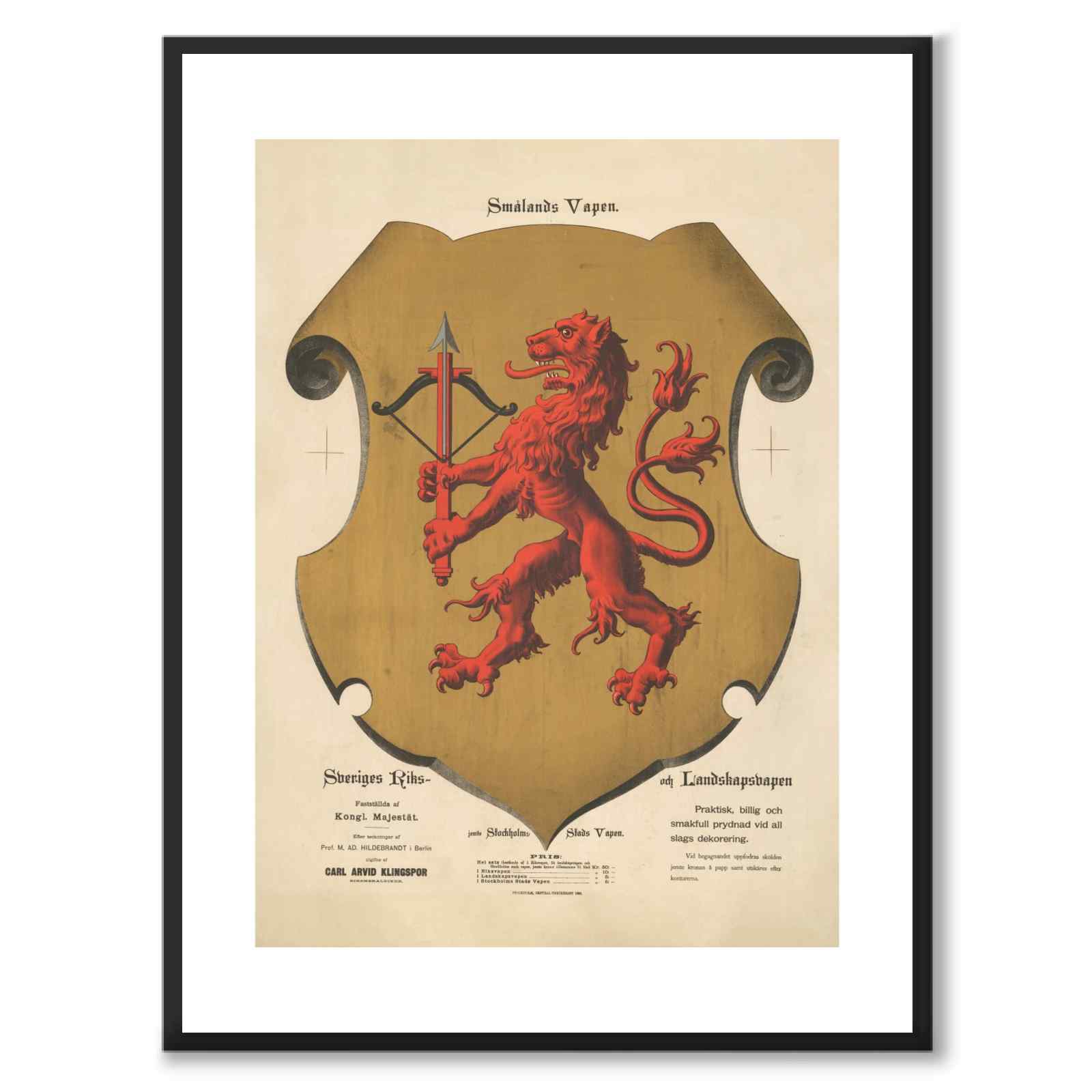 The coat of arms of Småland as a vintage illustration and poster from Historly – with white border and without title