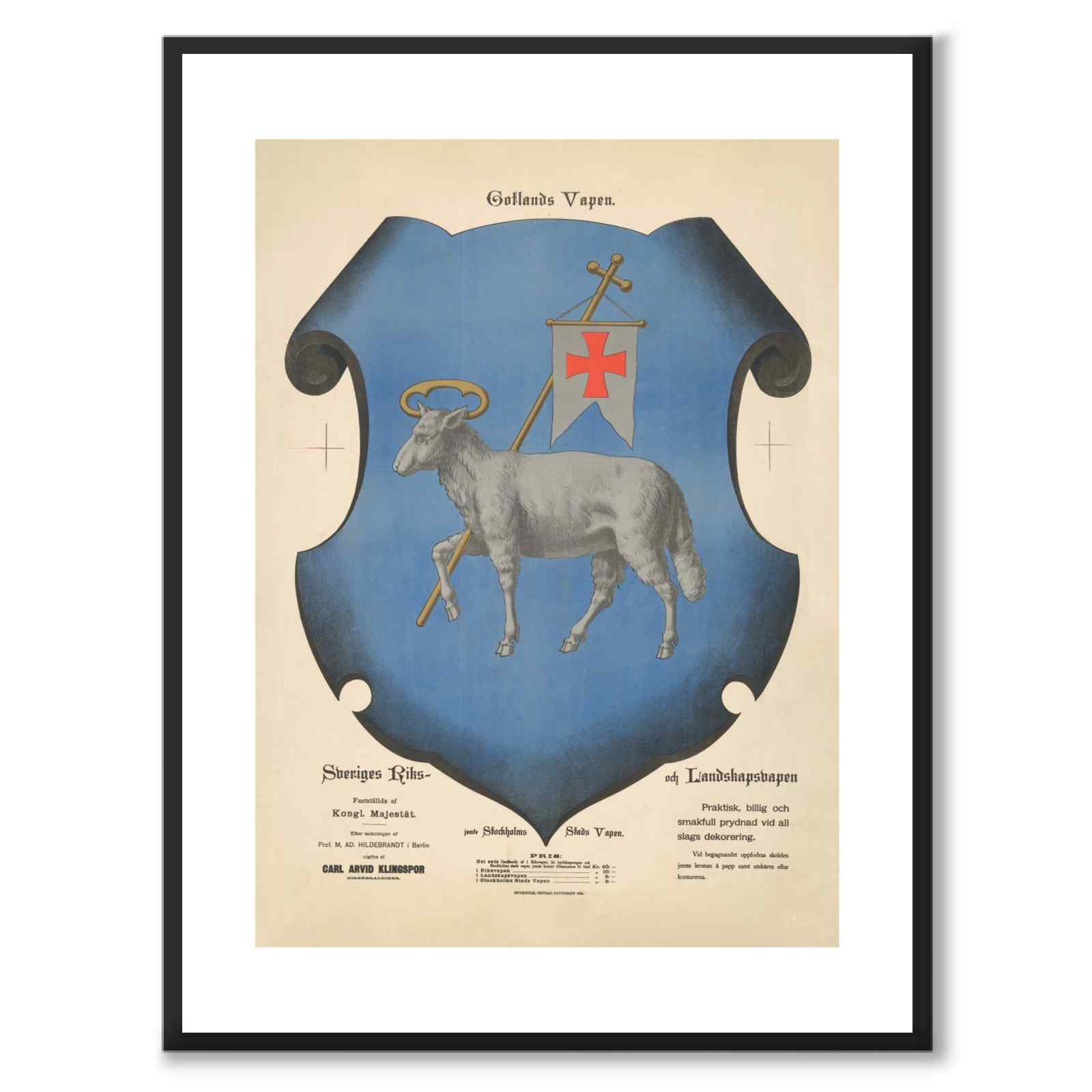 The Coat of Arms of Gotland as a vintage illustration and poster from Historly – with white border and without title
