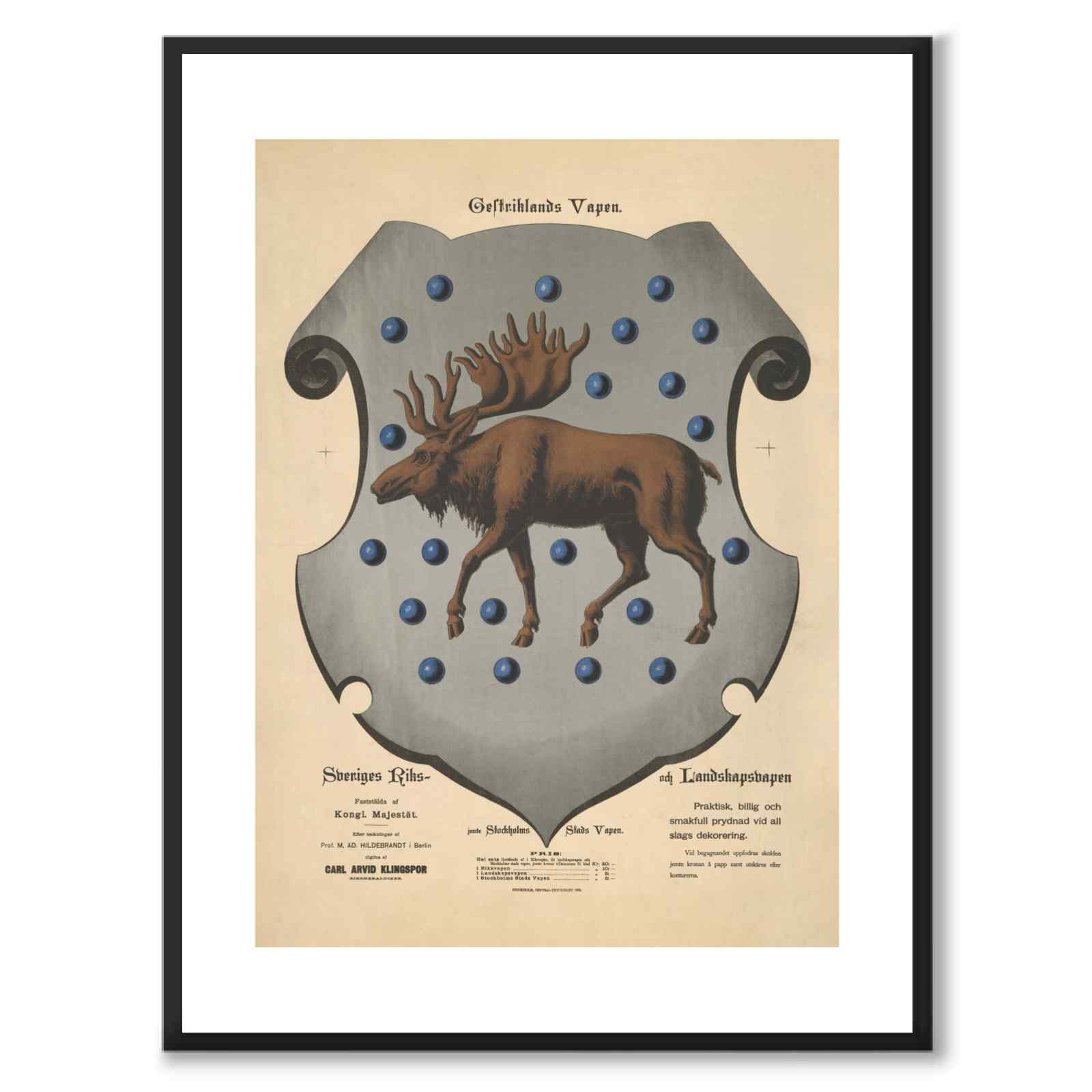 The Coat of Arms of Gästrikland as a vintage illustration and poster from Historly – with white border without title