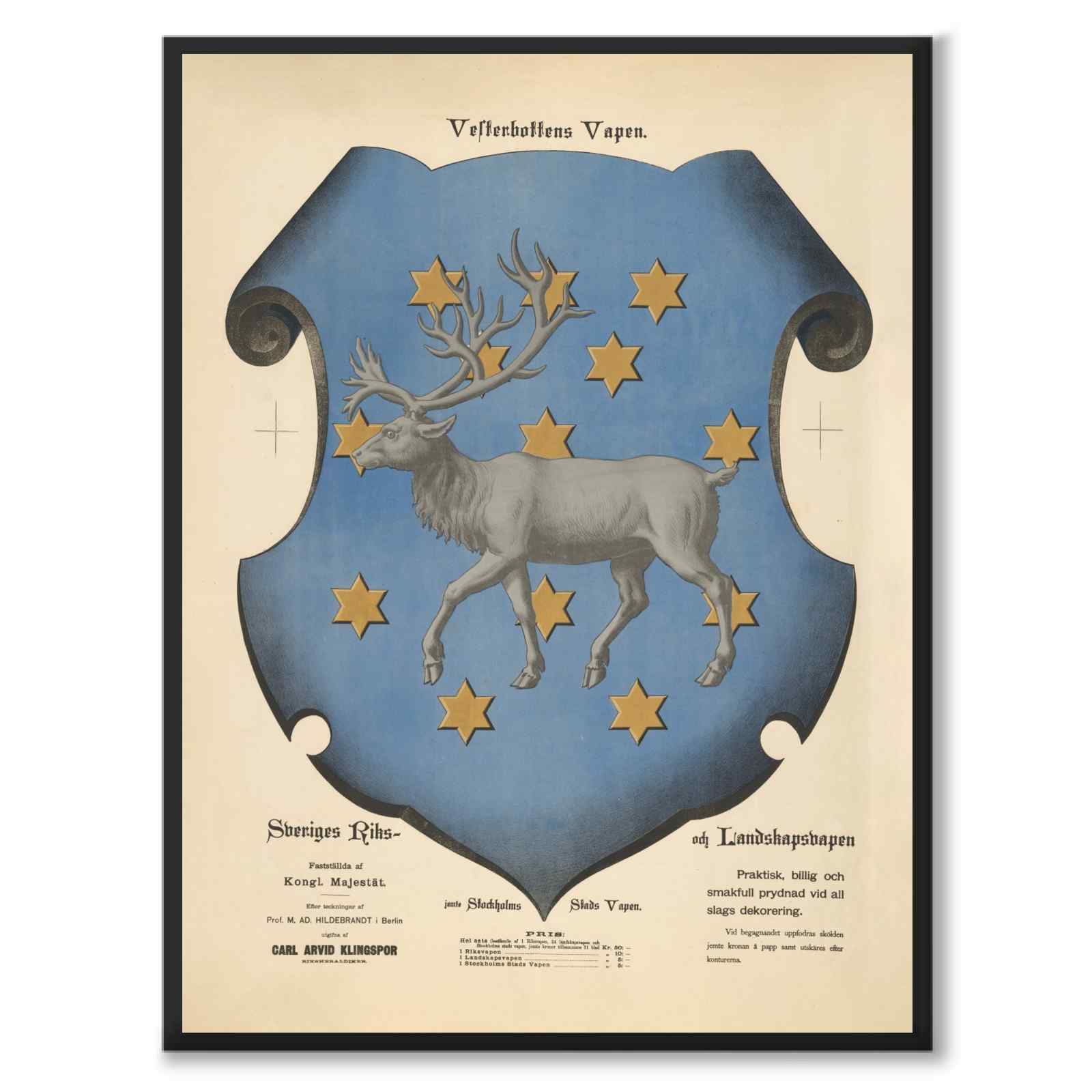 The Coat of Arms of Västerbotten as a vintage illustration and poster from Historly – full image without white border