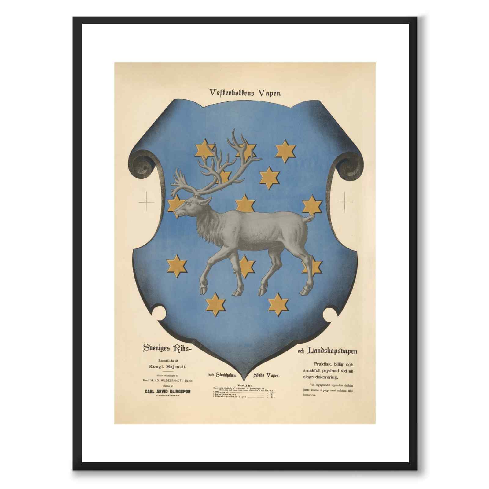The Coat of Arms of Västerbotten as a vintage illustration and poster from Historly – with white border and without title