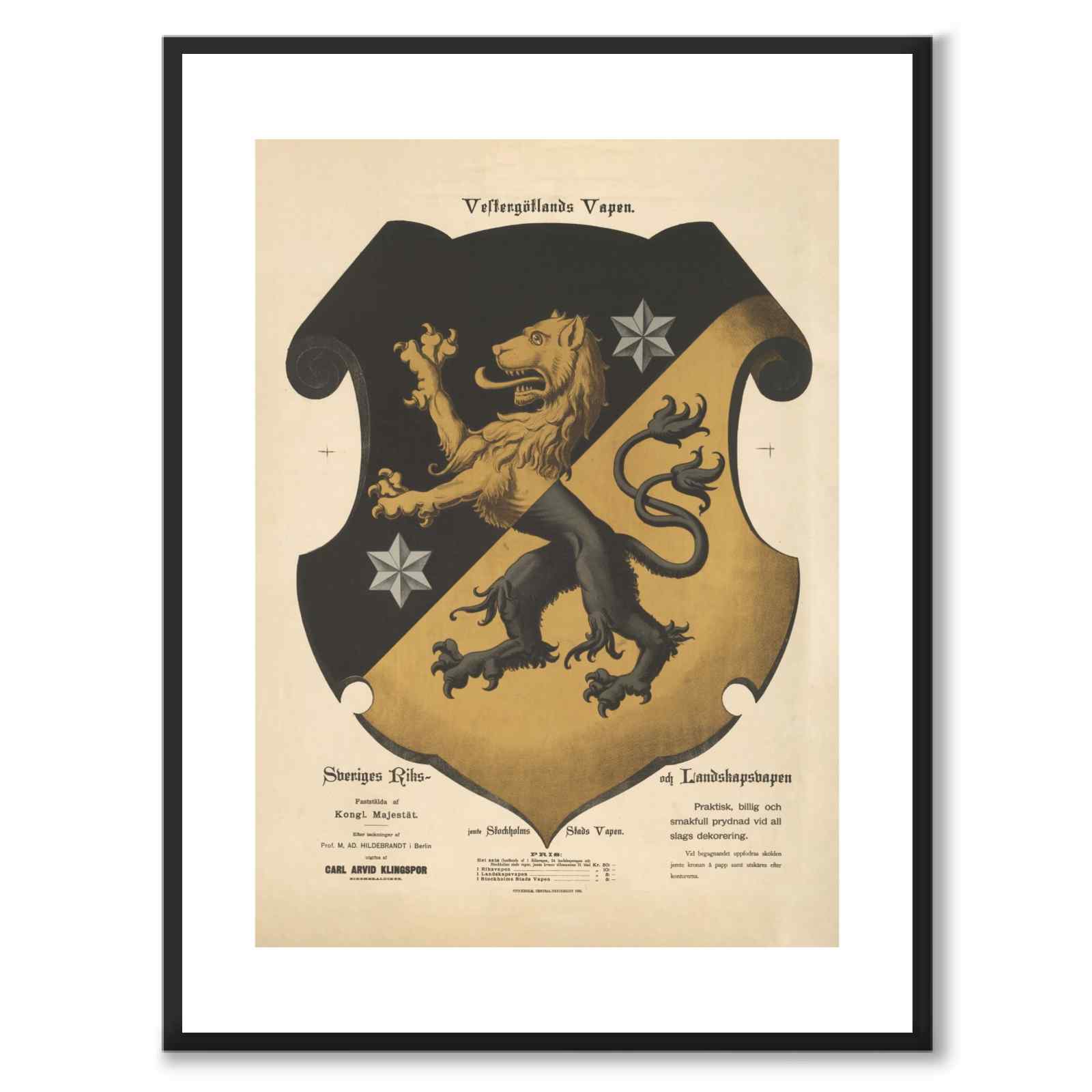 Västergötland's Provincial Coat of Arms as a vintage illustration and poster from Historly – with white border and without title