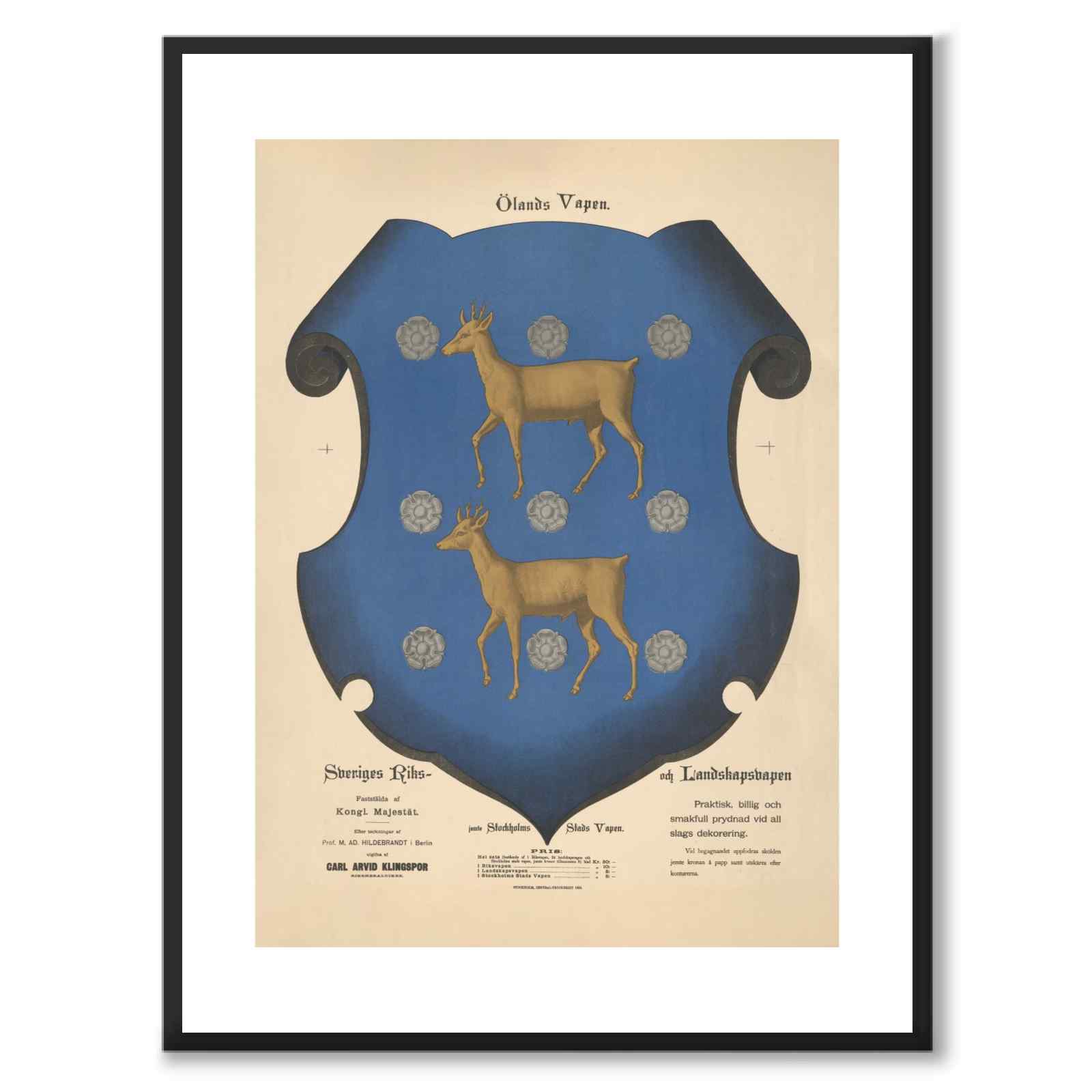 Öland's Provincial Coat of Arms as a vintage illustration and poster from Historly – with white border without title