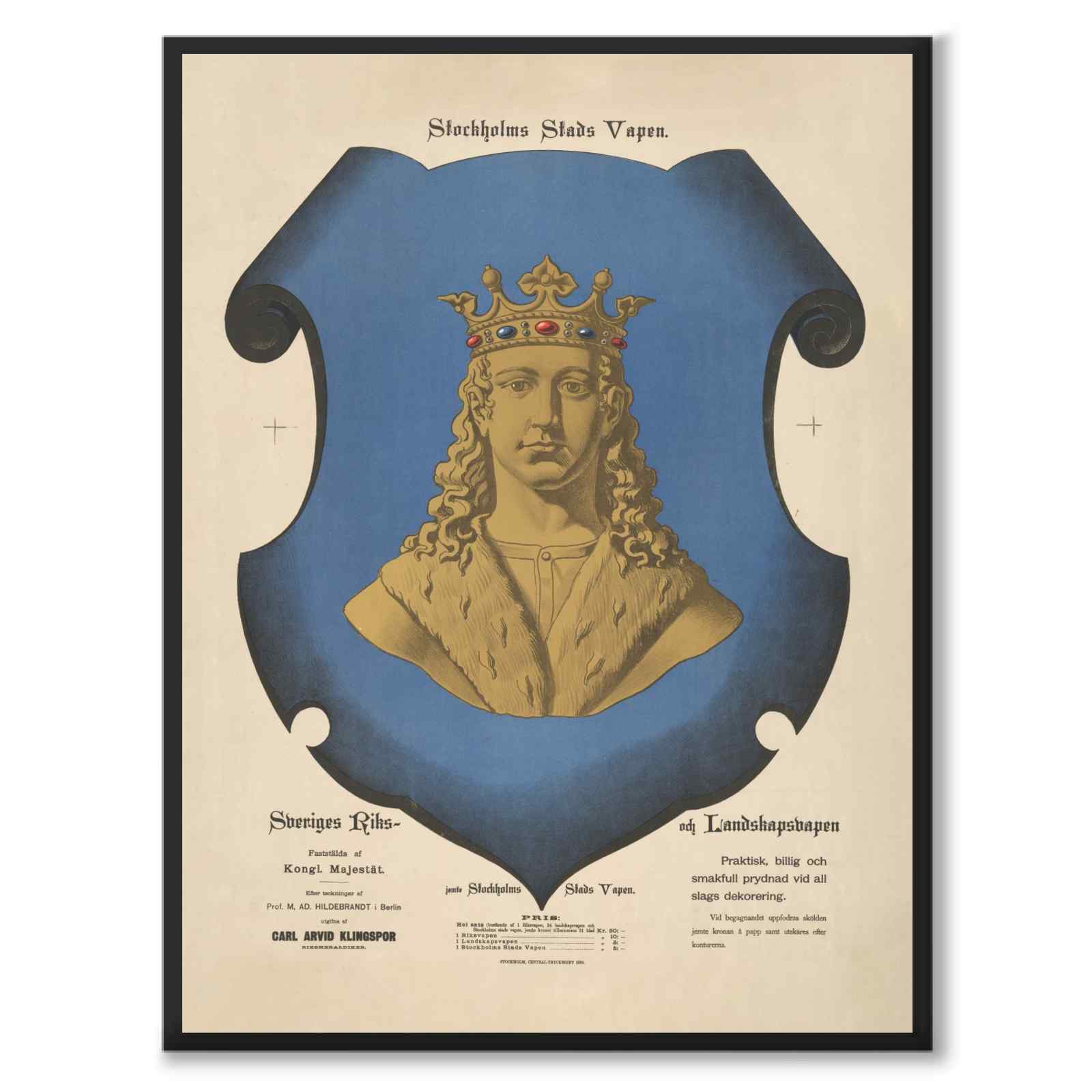 The Coat of Arms of Stockholm as a vintage illustration and poster from Historly – full image without white border